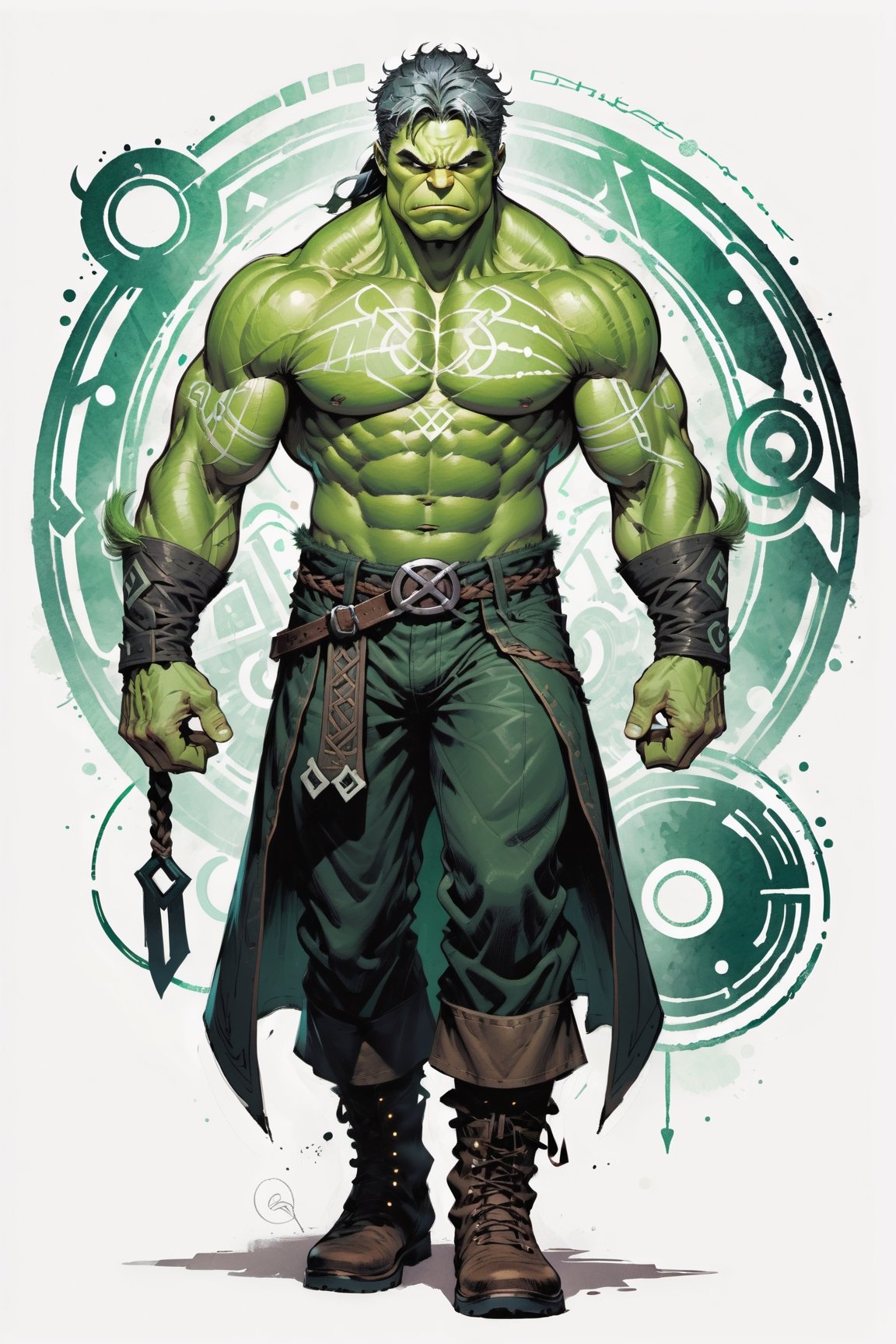 dark, gritty, realistic, mix of bold dark lines and loose lines, bold lines, on paper, turnaround character sheet, a stunningly beautiful (masterpiece, best quality:1.3), (2d:1.3), ink (medium), t-shirt design, White background, Full body, 2D illustration,  ((The Hulk)). bits of color, Sketch book, hand drawn, dark, gritty, realistic sketch, Rough sketch, mix of bold dark lines and loose lines, bold lines, Black paper, turnaround character sheet. Close-up of his face, arcane symbols, runes, dark theme, flowing partially braided pale Green hair, handsome, padded leather clothing embroidered with runes, modest, leather rune embroidered boots, (sharp lines), lines of bold ink, strong outlines, bold strokes, high contrast, (professional vector), best quality, flat colors, flat lights, no shadows, low levels, ((geometric shapes)), paint splatters, arcane symbols, runes, dark theme, Perfect composition golden ratio, masterpiece, best quality, 4k, sharp focus. Better hand, perfect anatomy, ((safe for work))