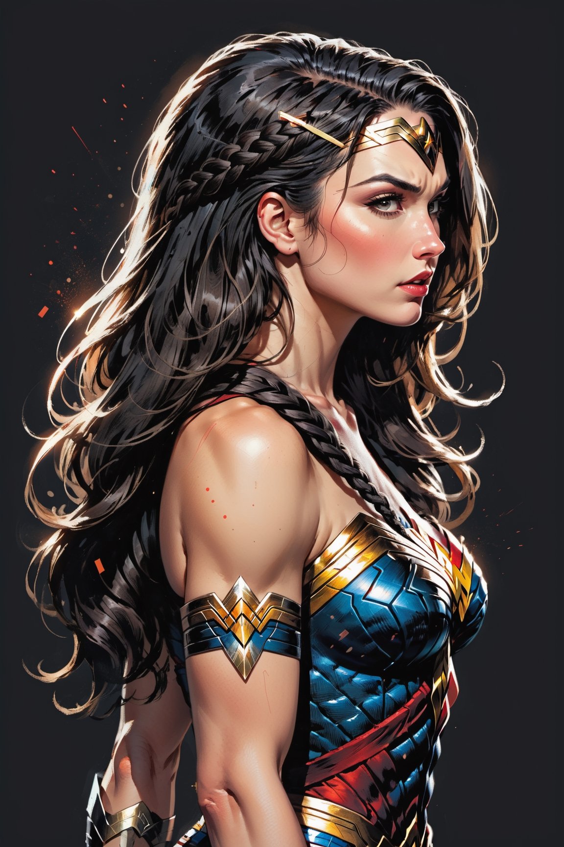 dark, gritty, realistic, mix of bold dark lines and loose lines, bold lines, on paper, turnaround character sheet, a stunningly beautiful (masterpiece, best quality:1.3), (2d:1.3), ink (medium), t-shirt design, White background, Full body, 2D illustration,  (((Wonder Woman))). bits of color, Sketch book, hand drawn, dark, gritty, realistic sketch, Rough sketch, mix of bold dark lines and loose lines, bold lines, on black paper, turnaround character sheet. Half body, (((View from behind))), ((she is looking over her shoulder)), arcane symbols, runes, dark theme, flowing partially braided Black hair, large long ponytail, (sharp lines), lines of bold ink, strong outlines, bold strokes, high contrast, (professional vector), best quality, flat colors, flat lights, no shadows, low levels, ((geometric shapes)), paint splatters, arcane symbols, runes, dark theme, Perfect composition golden ratio, masterpiece, best quality, 4k, sharp focus. Better hand, perfect anatomy, ((safe for work))