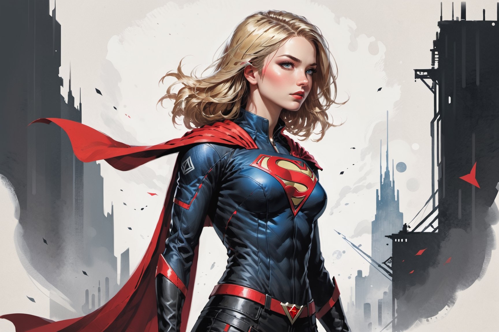 dark, gritty, realistic, mix of bold dark lines and loose lines, bold lines, on paper, turnaround character sheet, a stunningly beautiful (masterpiece, best quality:1.3), (2d:1.3), ink (medium), t-shirt design, White background, ((Half body)),portrait, supergirl, long red cape, outer_space, space hair, levitating, sky, zero gravity, above city, (((View from behind, she is looking over her shoulder))), depth_of_field bits of color, Sketch book, hand drawn, dark, gritty, realistic sketch, Rough sketch, mix of bold dark lines and loose lines, bold lines, Black paper, turnaround character sheet, arcane symbols, runes, dark theme, flowing partially blonde hair, handsome, ((all black padded leather clothing with red accents)), embroidered with runes, modest, black leather pants,  leather rune embroidered boots, (sharp lines), lines of bold ink, strong outlines, bold strokes, high contrast, (professional vector), best quality, flat colors, flat lights, no shadows, low levels, ((geometric shapes)), paint splatters, ((arcane symbols)), runes, dark theme, Perfect composition golden ratio, masterpiece, best quality, 4k, sharp focus. Better hand, perfect anatomy, ((safe for work))