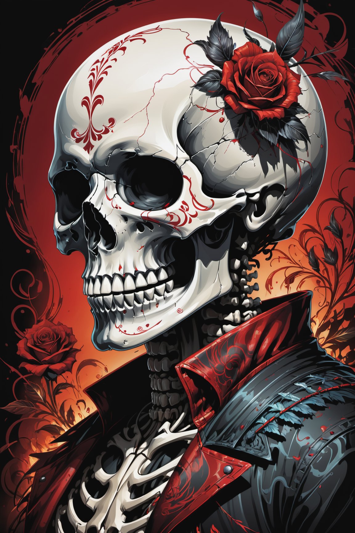 cel-shading style, centered image, ultra detailed illustration of the comic character (( a Very detailed illustration of a ((best quality)), ((masterpiece)), (detailed), mesmerizing, the skull, day of the dead art by linyu hong, in the style of dark white and red, graffiti art, realistic hyper-detail, intricate composition, monumental murals, silver and red, contemporary chicano(masterpiece, best quality, ultra-detailed) , unsettling atmosphere, high key lighting , vector Black, red, , staGlenn Brown, Carne Griffiths, Alex Ross, artgerm and james jean bangs, by Todd McFarlane)),  (((perfect hands))), (((dark Moody candlelight in the background))), accent of rust, (tetradic colors), inkpunk, ink lines, strong outlines, art by MSchiffer, bold traces, unframed, high contrast, cel-shaded, vector, 4k resolution,