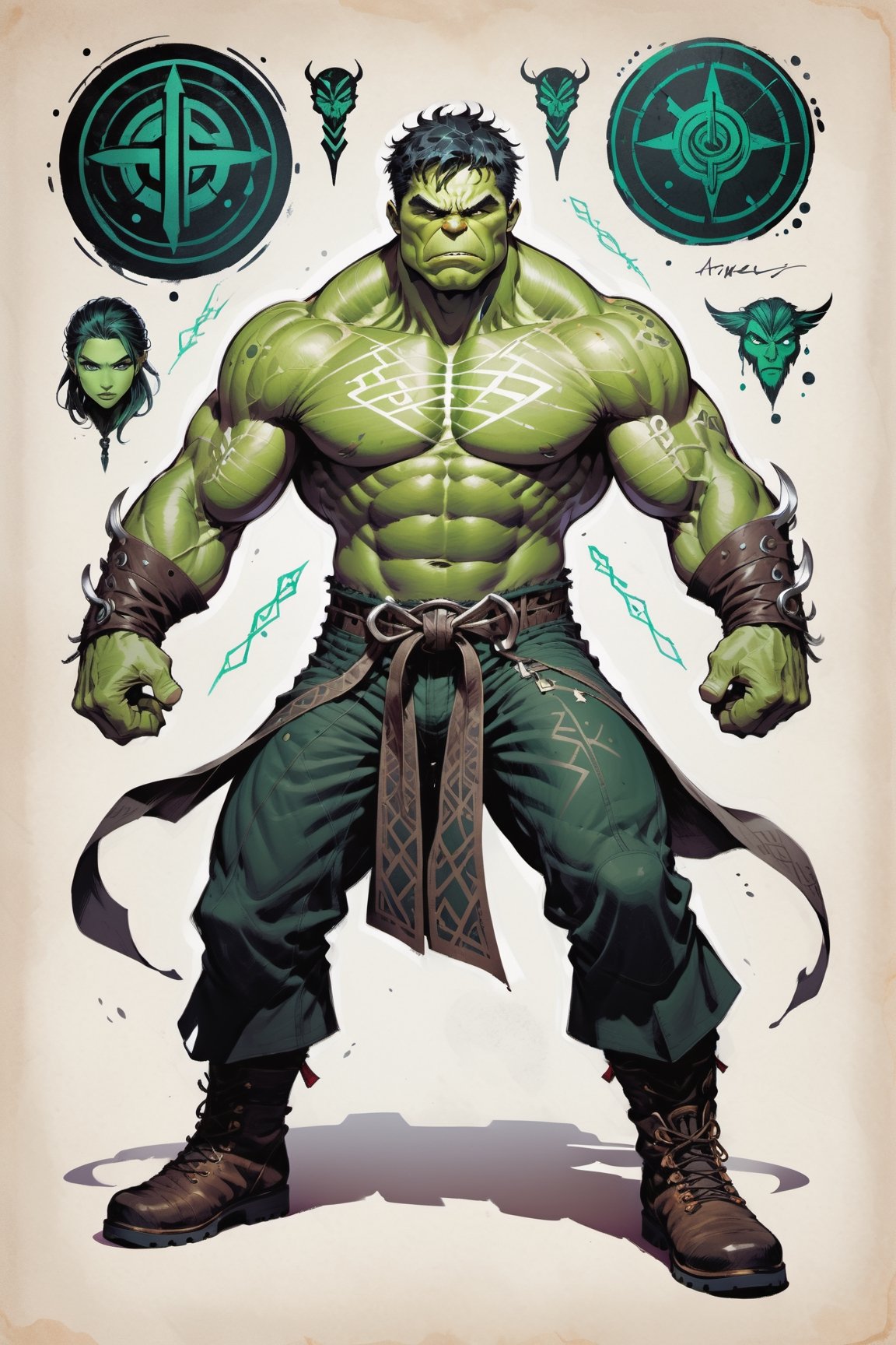 dark, gritty, realistic, mix of bold dark lines and loose lines, bold lines, on paper, turnaround character sheet, a stunningly beautiful (masterpiece, best quality:1.3), (2d:1.3), ink (medium), t-shirt design, White background, Full body, 2D illustration,  ((The Hulk)). bits of color, Sketch book, hand drawn, dark, gritty, realistic sketch, Rough sketch, mix of bold dark lines and loose lines, bold lines, on paper, turnaround character sheet. Full body, arcane symbols, runes, dark theme, flowing partially braided pale Green hair, handsome, padded leather clothing embroidered with runes, modest, leather rune embroidered boots, (sharp lines), lines of bold ink, strong outlines, bold strokes, high contrast, (professional vector), best quality, flat colors, flat lights, no shadows, low levels, ((geometric shapes)), paint splatters, arcane symbols, runes, dark theme, Perfect composition golden ratio, masterpiece, best quality, 4k, sharp focus. Better hand, perfect anatomy, ((safe for work))