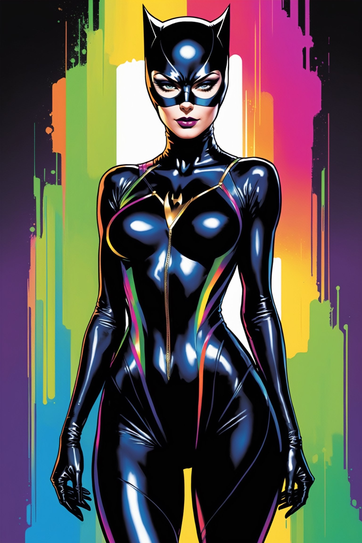 midshot, cel-shading style, centered image, ultra detailed illustration of Catwoman, posing, ((Full Body)), wearing one piece, black bodysuit, (tetradic colors), inkpunk, ink lines, strong outlines, art by MSchiffer, bold traces, unframed, high contrast, cel-shaded, vector, 4k resolution, best quality, (chromatic aberration:1.8)