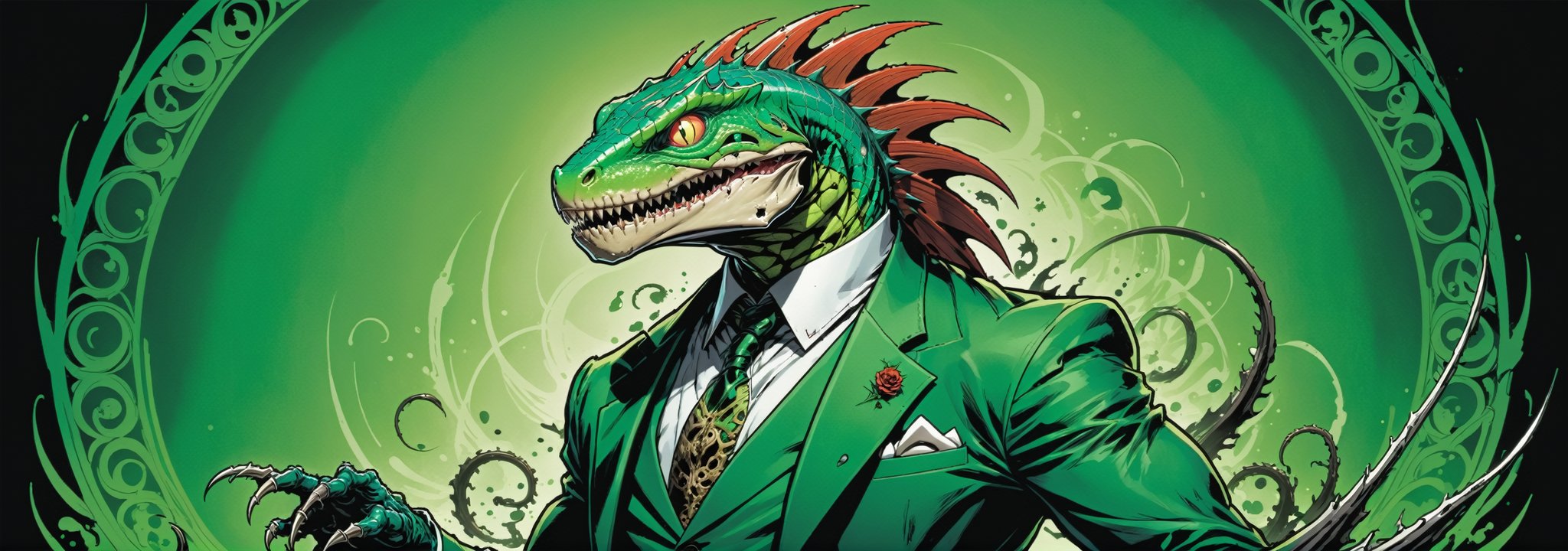 midshot, cel-shading style, centered image, ultra detailed illustration of the comic character ((lizard Spawn by Todd McFarlane)), posing, green, light green, brown, and black suit with a skull emblem, ((Full Body)) ,ornate background, (tetradic colors), inkpunk, ink lines, strong outlines, art by MSchiffer, bold traces, unframed, high contrast, cel-shaded, vector, 4k resolution, best quality, (chromatic aberration:1.8)