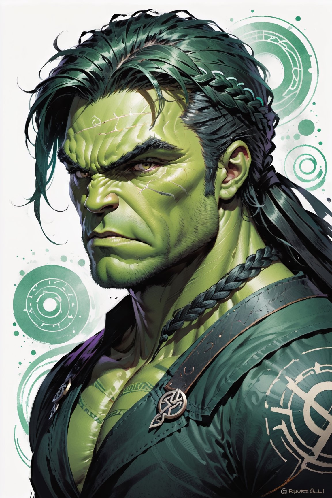 dark, gritty, realistic, mix of bold dark lines and loose lines, bold lines, on paper, turnaround character sheet, a stunningly beautiful (masterpiece, best quality:1.3), (2d:1.3), ink (medium), t-shirt design, White background, Full body, 2D illustration,  ((The Hulk)). bits of color, Sketch book, hand drawn, dark, gritty, realistic sketch, Rough sketch, mix of bold dark lines and loose lines, bold lines, Black paper, turnaround character sheet. Close-up of his face, arcane symbols, runes, dark theme, flowing partially braided pale Green hair, handsome, padded leather clothing embroidered with runes, modest, leather rune embroidered boots, (sharp lines), lines of bold ink, strong outlines, bold strokes, high contrast, (professional vector), best quality, flat colors, flat lights, no shadows, low levels, ((geometric shapes)), paint splatters, arcane symbols, runes, dark theme, Perfect composition golden ratio, masterpiece, best quality, 4k, sharp focus. Better hand, perfect anatomy, ((safe for work))