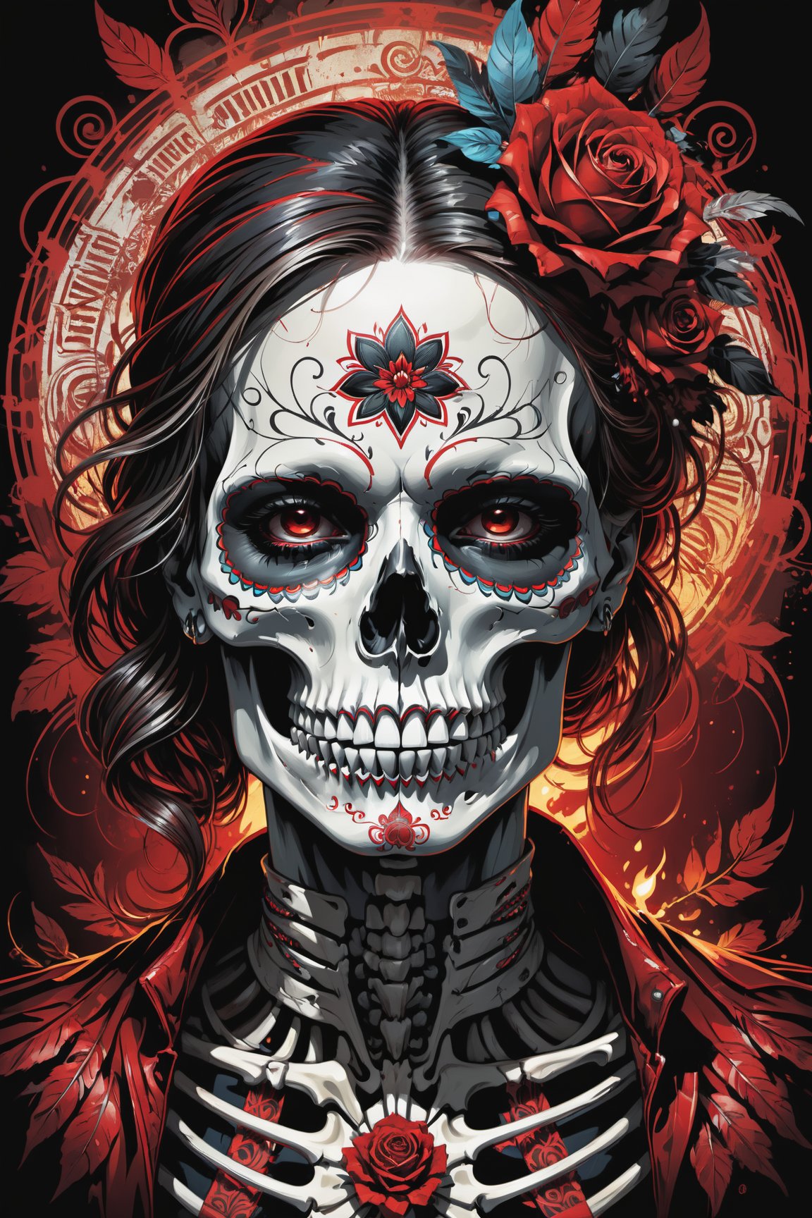 cel-shading style, centered image, ultra detailed illustration of the comic character (( a Very detailed illustration of a ((best quality)), ((masterpiece)), (detailed), mesmerizing, the skull, day of the dead art by linyu hong, in the style of dark white and red, graffiti art, realistic hyper-detail, intricate composition, monumental murals, silver and red, contemporary chicano(masterpiece, best quality, ultra-detailed) , unsettling atmosphere, high key lighting , vector Black, red, , staGlenn Brown, Carne Griffiths, Alex Ross, artgerm and james jean bangs, by Todd McFarlane)),  (((perfect hands))), (((dark Moody candlelight in the background))), accent of rust, (tetradic colors), inkpunk, ink lines, strong outlines, art by MSchiffer, bold traces, unframed, high contrast, cel-shaded, vector, 4k resolution,