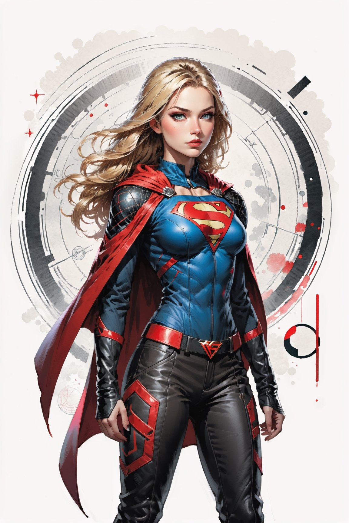 dark, gritty, realistic, mix of bold dark lines and loose lines, bold lines, on paper, turnaround character sheet, a stunningly beautiful (masterpiece, best quality:1.3), (2d:1.3), ink (medium), t-shirt design, White background, ((Half body)),portrait, supergirl, long red cape, outer_space, space hair, levitating, sky, zero gravity, above city, (((View from behind, she is looking over her shoulder))), depth_of_field bits of color, Sketch book, hand drawn, dark, gritty, realistic sketch, Rough sketch, mix of bold dark lines and loose lines, bold lines, Black paper, turnaround character sheet, arcane symbols, runes, dark theme, flowing partially blonde hair, handsome, ((all black padded leather clothing with red accents)), embroidered with runes, modest, black leather pants,  leather rune embroidered boots, (sharp lines), lines of bold ink, strong outlines, bold strokes, high contrast, (professional vector), best quality, flat colors, flat lights, no shadows, low levels, ((geometric shapes)), paint splatters, ((arcane symbols)), runes, dark theme, Perfect composition golden ratio, masterpiece, best quality, 4k, sharp focus. Better hand, perfect anatomy, ((safe for work))