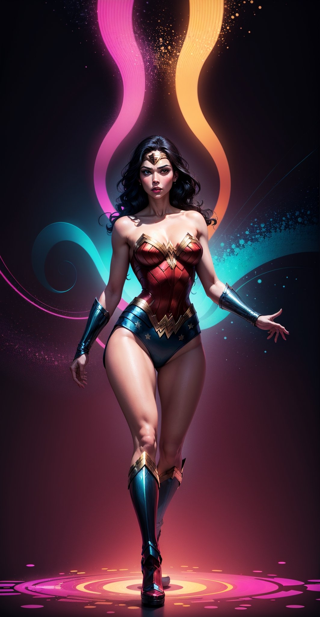 Wonder Woman ((full body)), (big tits) masterpiece, best quality, ((abstract, psychedelic, neon, background)),(creative:1.3), sy3, SMM, fantasy00d