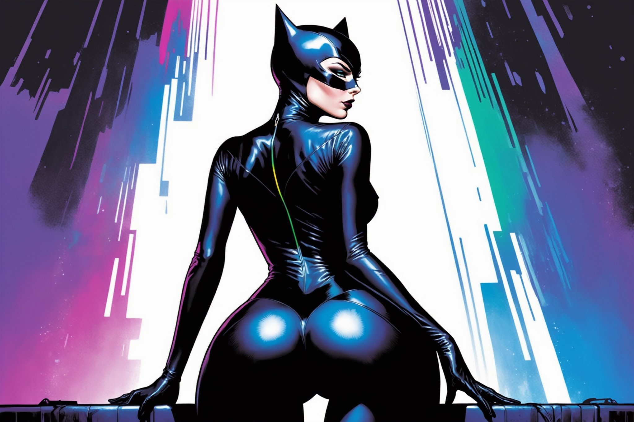 midshot, cel-shading style, centered image, ultra detailed illustration of Catwoman, posing, ((View from behind)), ((Full Body)), wearing one piece, black bodysuit, (tetradic colors), inkpunk, ink lines, strong outlines, art by MSchiffer, bold traces, unframed, high contrast, cel-shaded, vector, 4k resolution, best quality, (chromatic aberration:1.8)