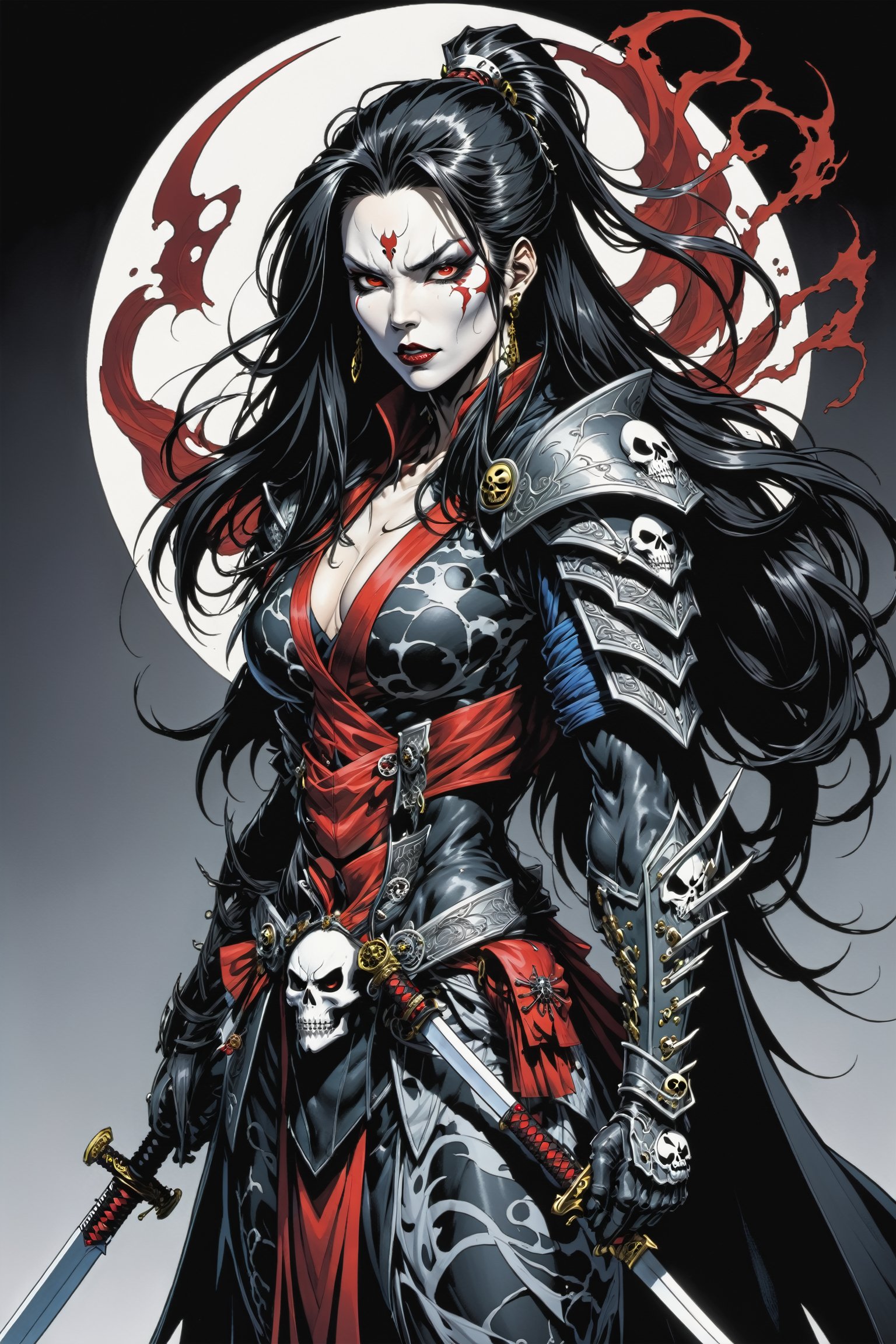 midshot, cel-shading style, centered image, ultra detailed illustration of the comic character ((female Spawn Samurai lady, by Todd McFarlane)), posing, long black long hair, silver and black suit with a skull emblem, long flowing cape,  holding samurai sword, ((view from Behind she’s looking over her shoulder)), ((Full Body)), (tetradic colors), inkpunk, ink lines, strong outlines, art by MSchiffer, bold traces, unframed, high contrast, cel-shaded, vector, 4k resolution, best quality, (chromatic aberration:1.8)