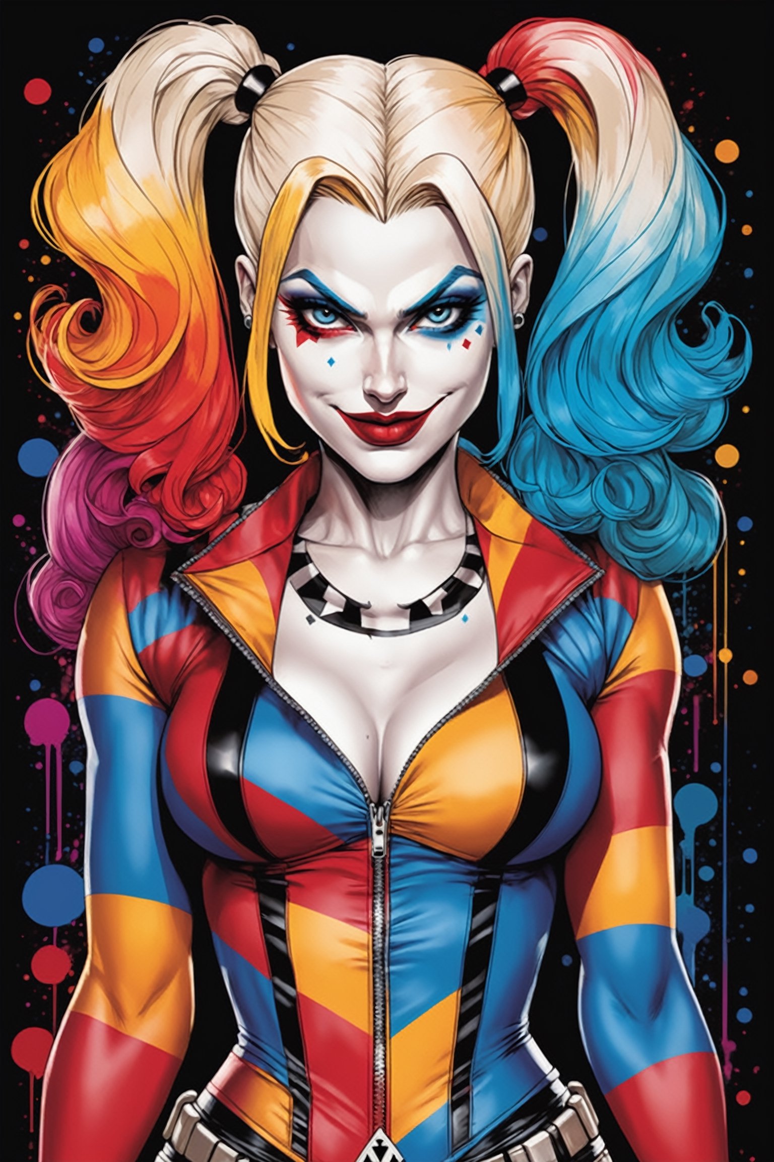 midshot, cel-shading style, centered image, ultra detailed illustration of Harley Quinn, posing, ((Full Body)), (tetradic colors), inkpunk, ink lines, strong outlines, art by MSchiffer, bold traces, unframed, high contrast, cel-shaded, vector, 4k resolution, best quality, (chromatic aberration:1.8)