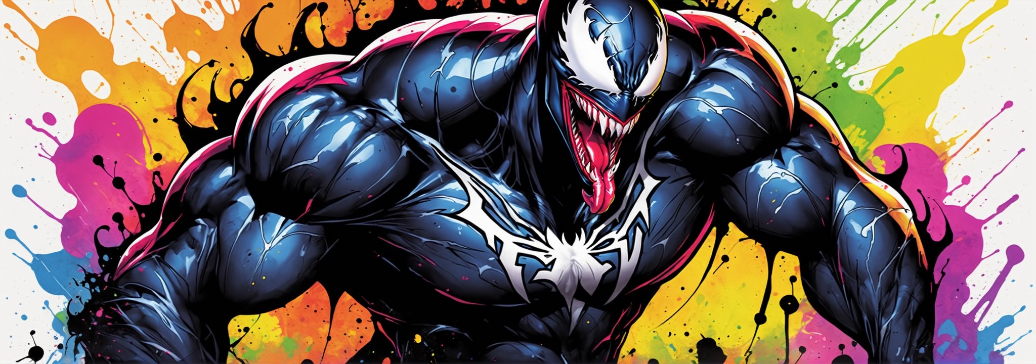 midshot, cel-shading style, centered image, ultra detailed illustration of Venom posing, ((Full Body)), (tetradic colors), ((inkpunk)), ((ink lines)), ink splatter, strong outlines, art by MSchiffer, bold traces, unframed, high contrast, cel-shaded, vector, 4k resolution, best quality, (chromatic aberration:1.8)