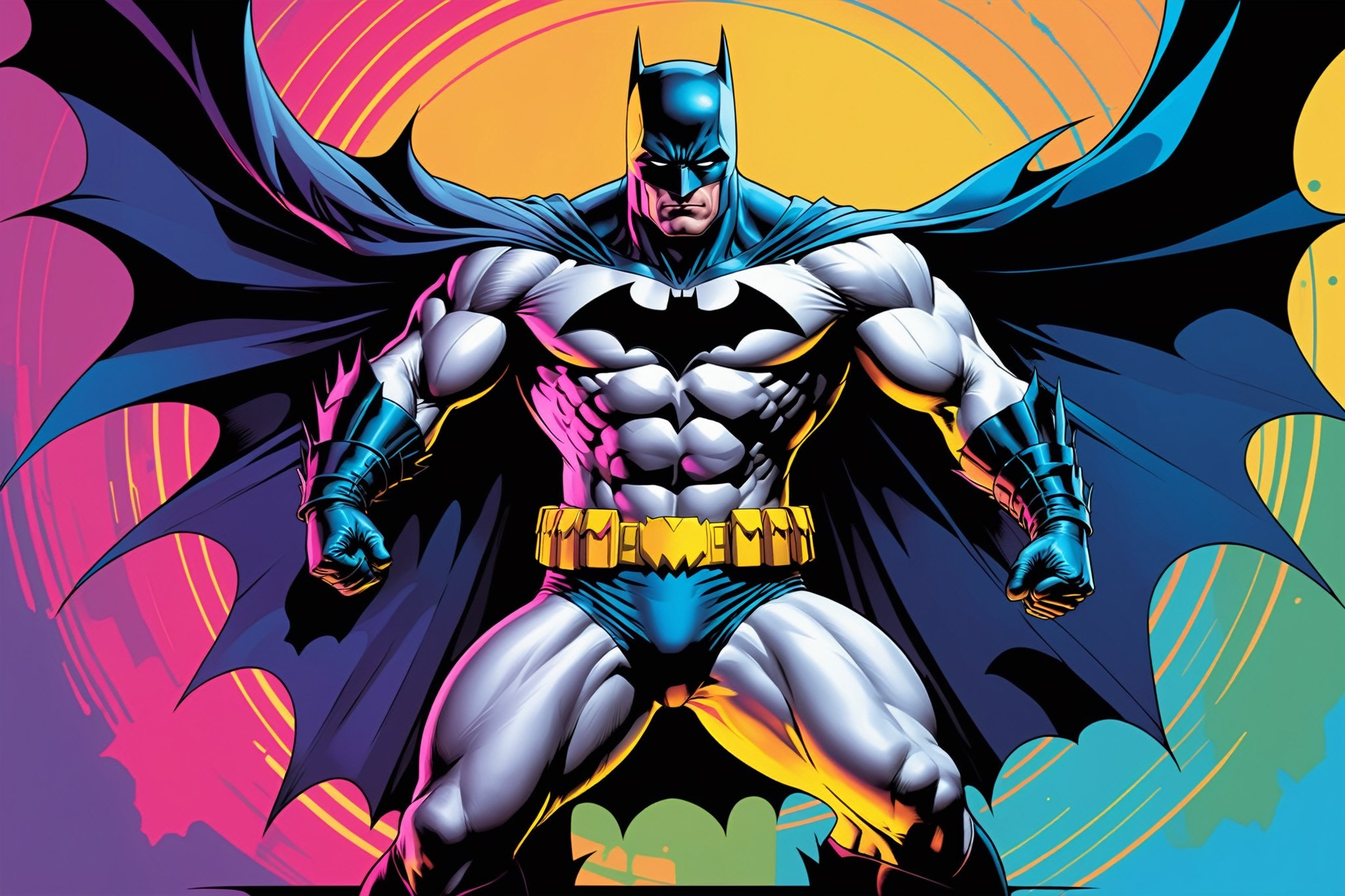 midshot, cel-shading style, centered image, ultra detailed illustration of Batman, posing, ((Full Body)), (tetradic colors), inkpunk, ink lines, strong outlines, art by MSchiffer, bold traces, unframed, high contrast, cel-shaded, vector, 4k resolution, best quality, (chromatic aberration:1.8)