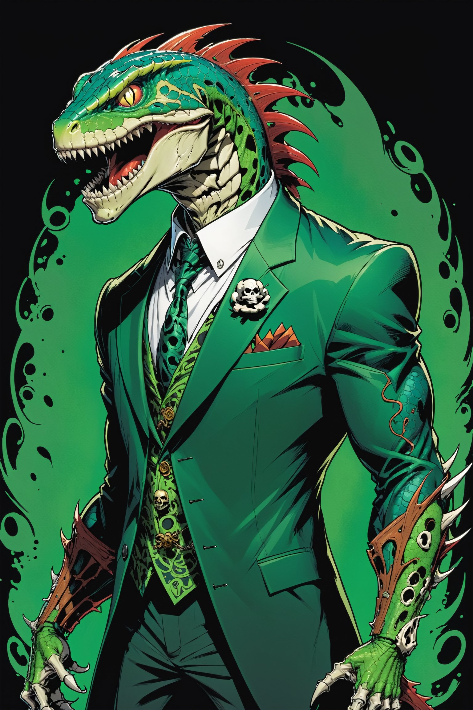 midshot, cel-shading style, centered image, ultra detailed illustration of the comic character ((lizard Spawn by Todd McFarlane)), posing, green, light green, brown, and black suit with a skull emblem, ((Full Body)) ,ornate background, (tetradic colors), inkpunk, ink lines, strong outlines, art by MSchiffer, bold traces, unframed, high contrast, cel-shaded, vector, 4k resolution, best quality, (chromatic aberration:1.8)