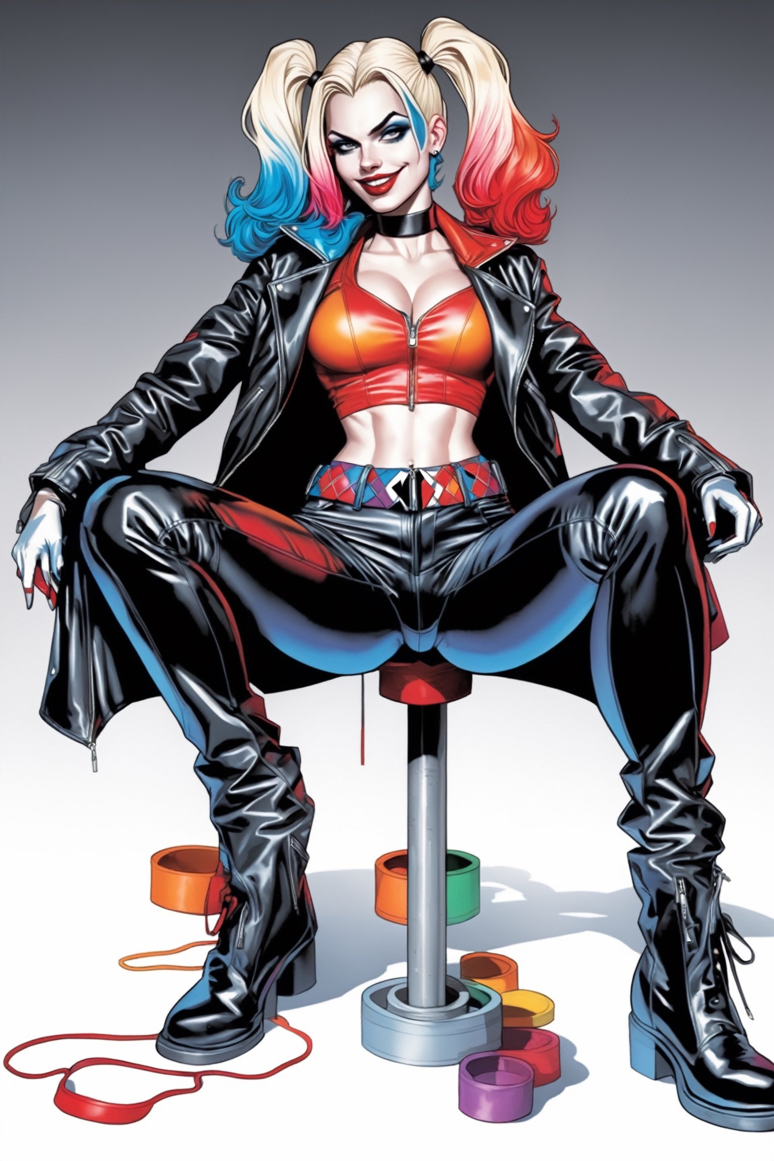 midshot, cel-shading style, centered image, ultra detailed illustration of Harley Quinn, posing, ((Full Body)), wearing leather pants, leather jacket, (tetradic colors), inkpunk, ink lines, strong outlines, art by MSchiffer, bold traces, unframed, high contrast, cel-shaded, vector, 4k resolution, best quality, (chromatic aberration:1.8)