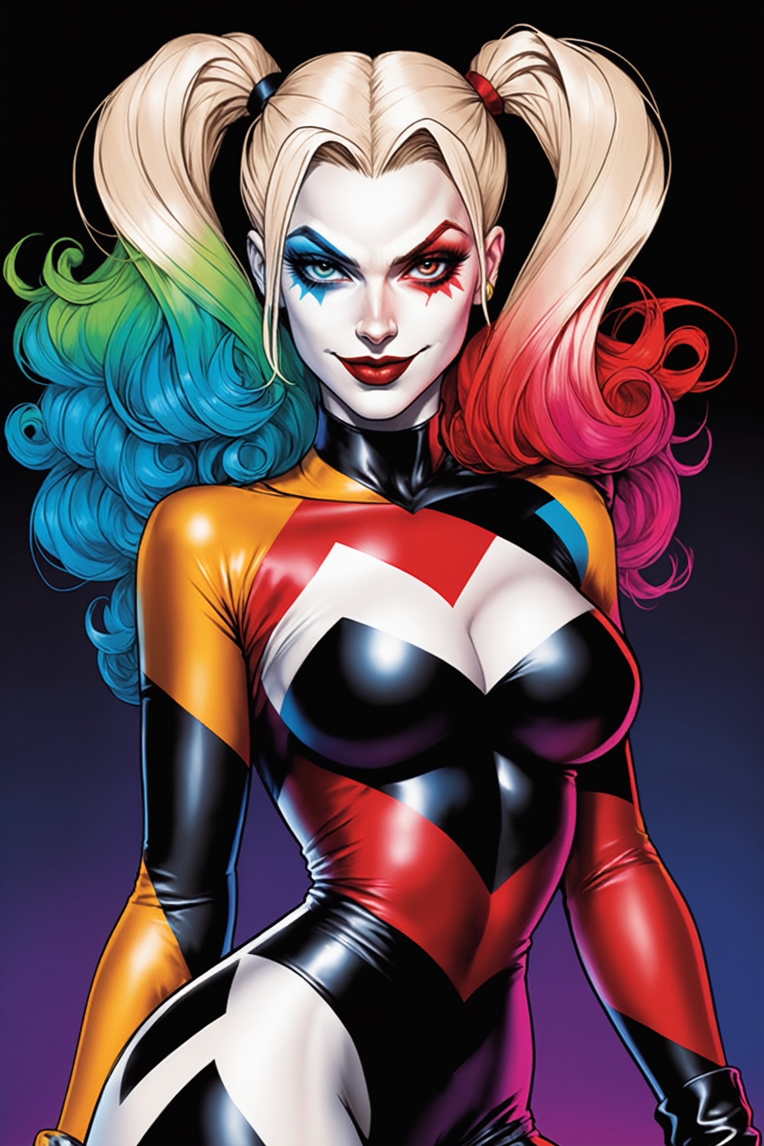 midshot, cel-shading style, centered image, ultra detailed illustration of Harley Quinn, posing, ((Full Body)), (tetradic colors), inkpunk, ink lines, strong outlines, art by MSchiffer, bold traces, unframed, high contrast, cel-shaded, vector, 32k resolution, best quality, (chromatic aberration:1.8)