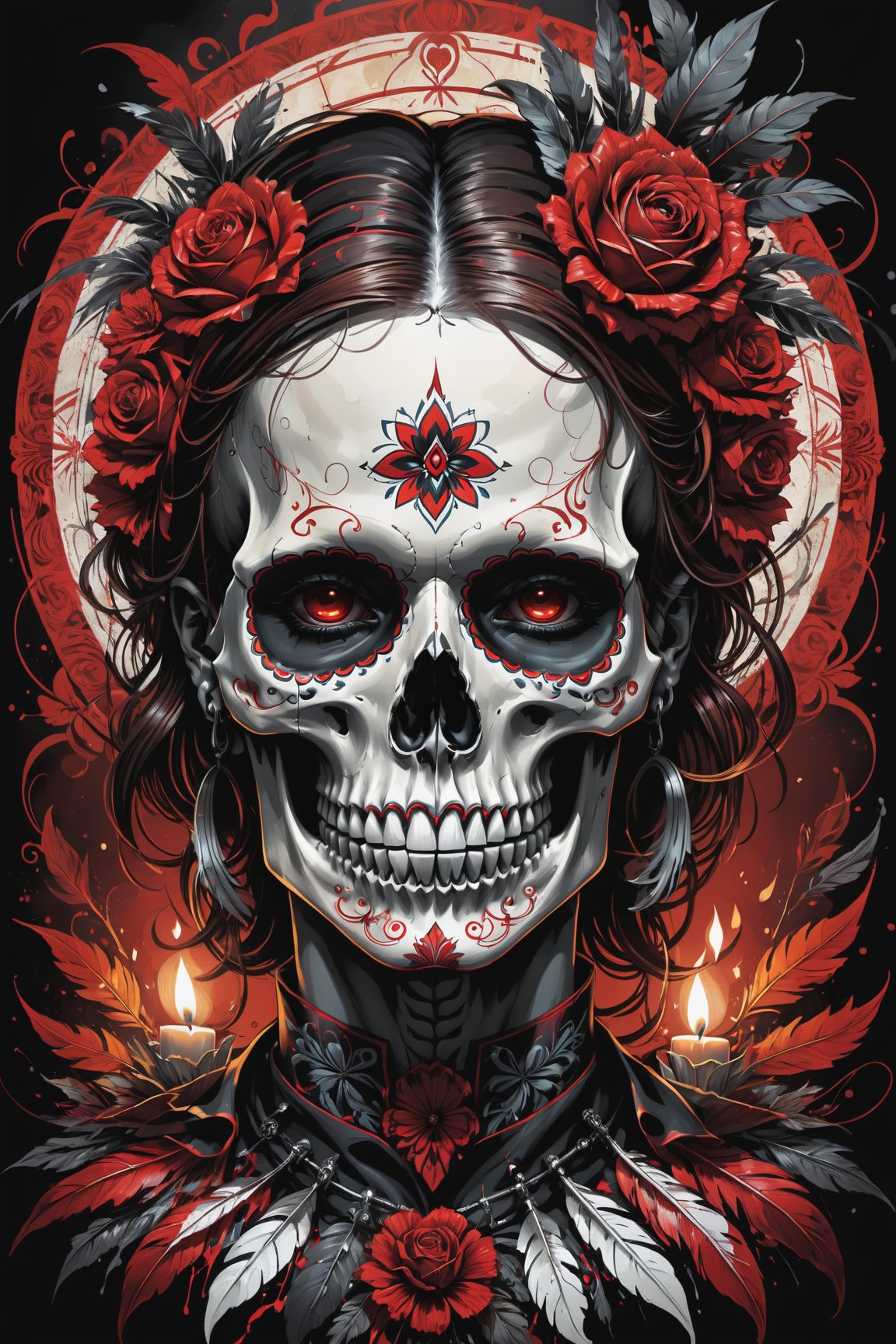 cel-shading style, centered image, ultra detailed illustration of the comic character (( a Very detailed illustration of a ((best quality)), ((masterpiece)), (detailed), mesmerizing, the skull, day of the dead art by linyu hong, in the style of dark white and red, graffiti art, realistic hyper-detail, intricate composition, monumental murals, silver and red, contemporary chicano(masterpiece, best quality, ultra-detailed) , unsettling atmosphere, high key lighting , vector Black, red, , staGlenn Brown, Carne Griffiths, Alex Ross, artgerm and james jean bangs, by Todd McFarlane)),  (((perfect hands))), (((dark Moody candlelight in the background))), accent of rust, (tetradic colors), inkpunk, ink lines, strong outlines, art by MSchiffer, bold traces, unframed, high contrast, cel-shaded, vector, 4k resolution,