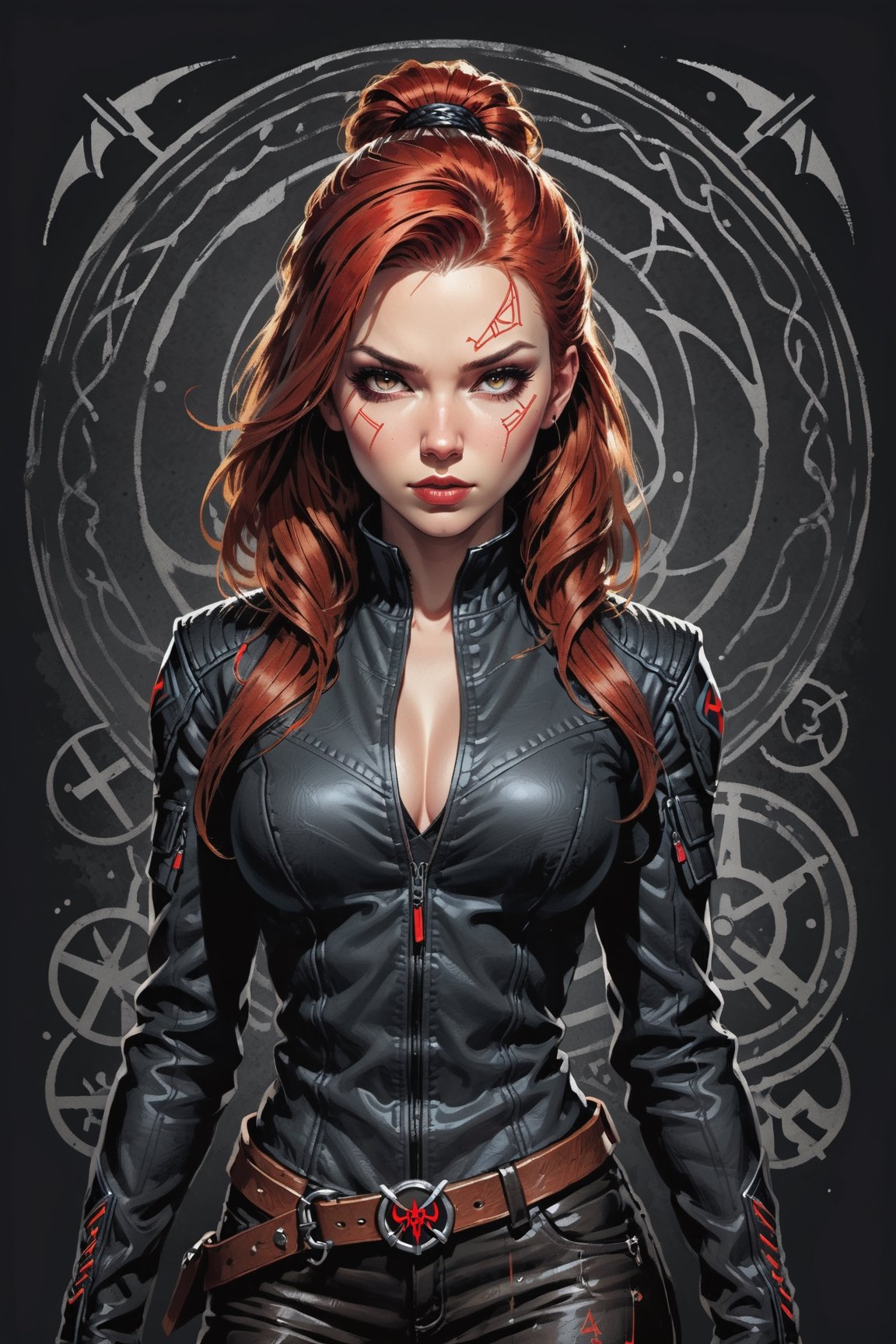 dark, gritty, realistic, mix of bold dark lines and loose lines, bold lines, on paper, turnaround character sheet, a stunningly beautiful (masterpiece, best quality:1.3), (2d:1.3), ink (medium), t-shirt design, White background, Full body, 2D illustration,  (((Black Widow))). bits of color, Sketch book, hand drawn, dark, gritty, realistic sketch, Rough sketch, mix of bold dark lines and loose lines, bold lines, on black paper, turnaround character sheet. ((Close-up of her face)), arcane symbols, runes, dark theme, flowing partially braided red hair, large long ponytail, handsome, padded leather clothing, ((black leather pants)), button down shirt, ((leather jacket)), embroidered with runes, modest, leather rune embroidered boots, (sharp lines), lines of bold ink, strong outlines, bold strokes, high contrast, (professional vector), best quality, flat colors, flat lights, no shadows, low levels, ((geometric shapes)), paint splatters, arcane symbols, runes, dark theme, Perfect composition golden ratio, masterpiece, best quality, 4k, sharp focus. Better hand, perfect anatomy, ((safe for work))