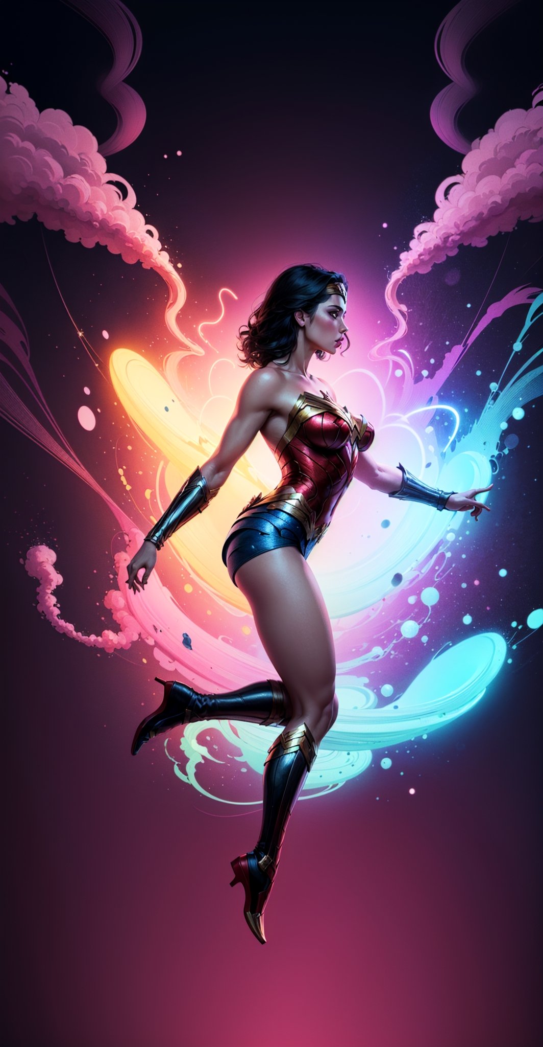 Wonder Woman (big tits),(( side view,)),((full body)),((floating in air)),masterpiece, best quality, ((abstract, psychedelic, neon, smoke , background)),(creative:1.3), sy3, SMM, fantasy00d