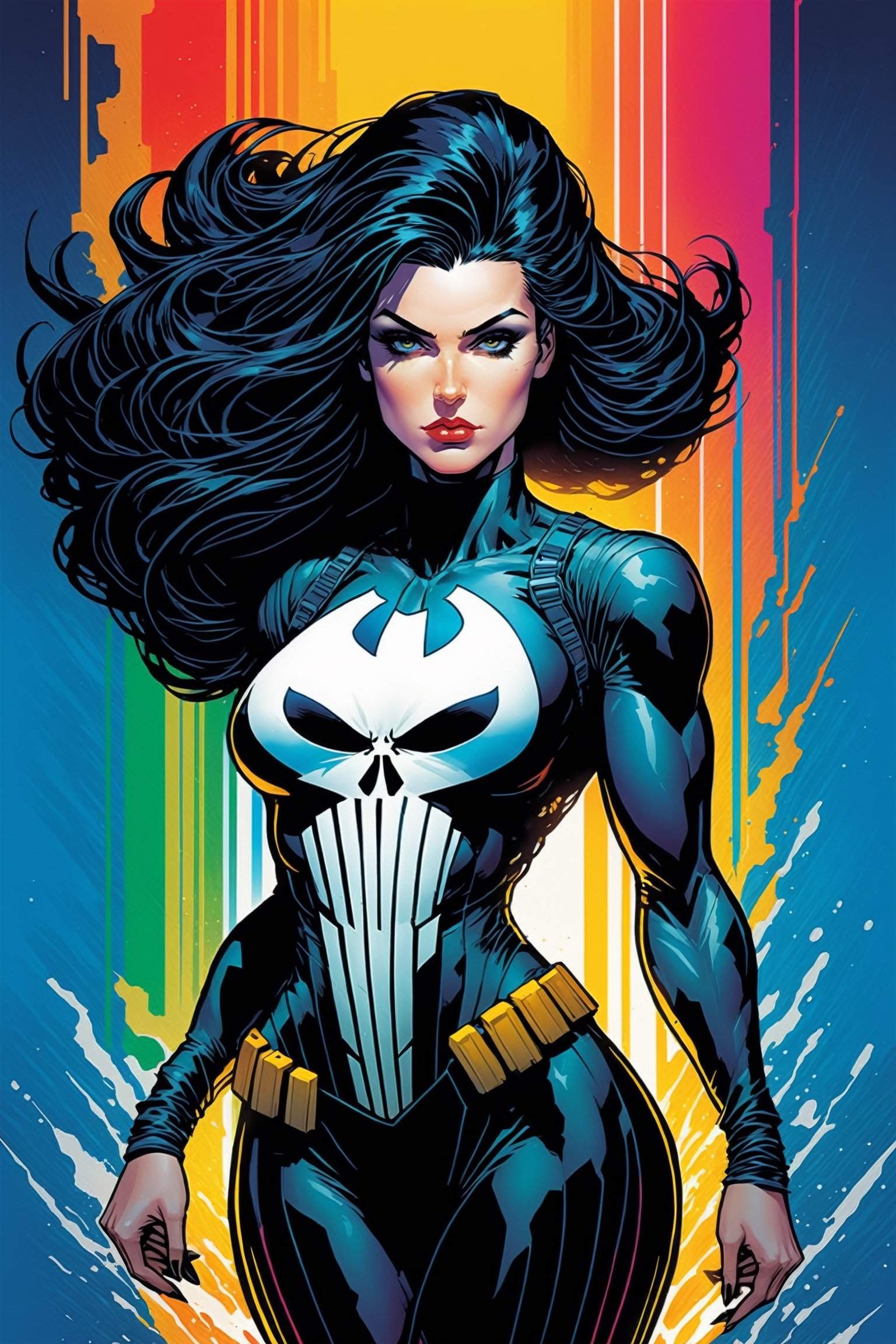 midshot, cel-shading style, centered image, ultra detailed illustration of the comic character, a female Punisher, posing, flowing Maine of black hair, ((Full Body)), (tetradic colors), inkpunk, ink lines, strong outlines, art by MSchiffer, bold traces, unframed, high contrast, cel-shaded, vector, 4k resolution, best quality, (chromatic aberration:1.8)