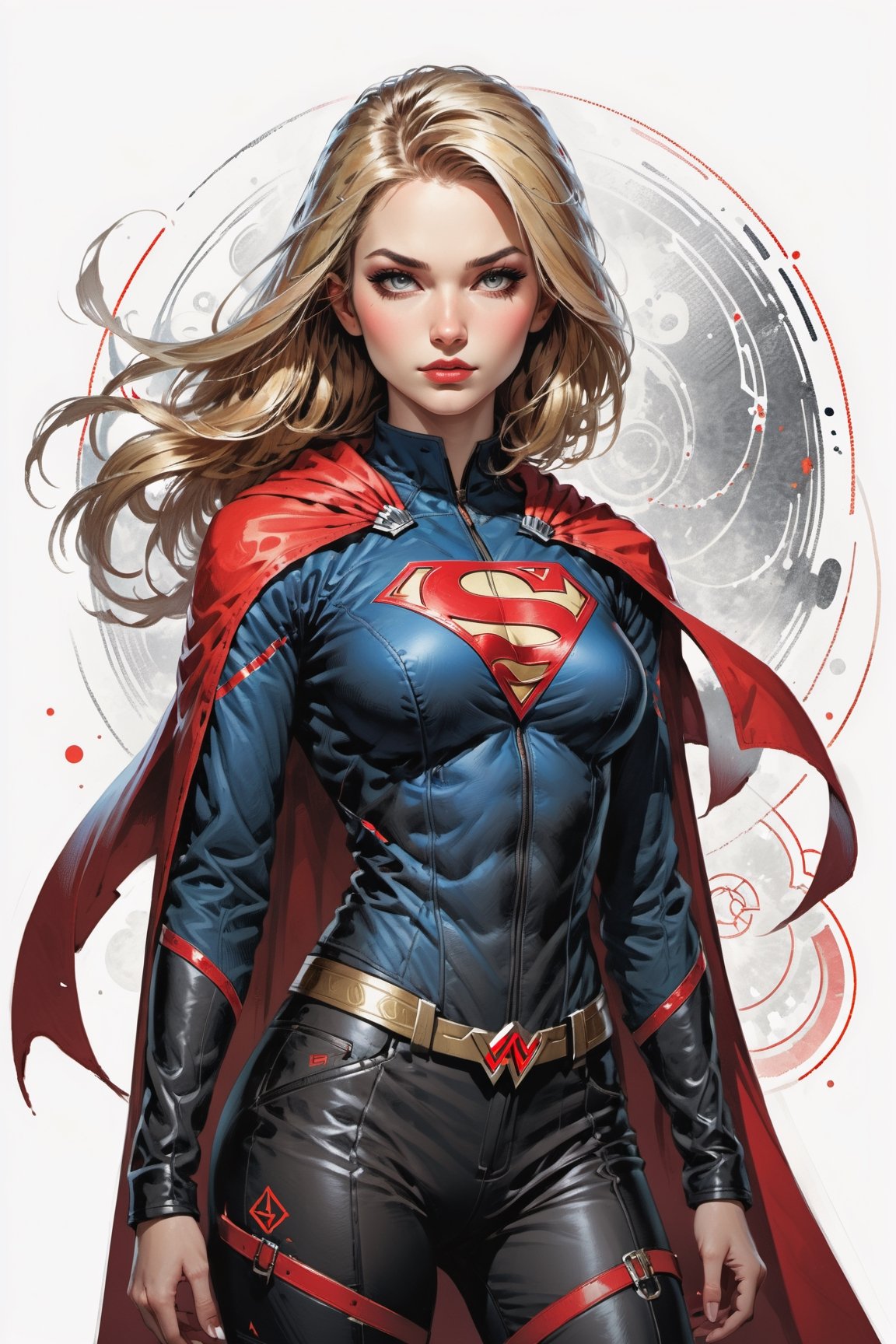 dark, gritty, realistic, mix of bold dark lines and loose lines, bold lines, on paper, turnaround character sheet, a stunningly beautiful (masterpiece, best quality:1.3), (2d:1.3), ink (medium), t-shirt design, White background, ((Half body)),portrait, supergirl, long red cape, outer_space, space hair, levitating, sky, zero gravity, above city, (((View from behind, she is looking over her shoulder))), depth_of_field bits of color, Sketch book, hand drawn, dark, gritty, realistic sketch, Rough sketch, mix of bold dark lines and loose lines, bold lines, Black paper, turnaround character sheet, arcane symbols, runes, dark theme, flowing partially blonde hair, handsome, ((all black padded leather clothing with red accents)), embroidered with runes, modest, black leather pants,  leather rune embroidered boots, (sharp lines), lines of bold ink, strong outlines, bold strokes, high contrast, (professional vector), best quality, flat colors, flat lights, no shadows, low levels, ((geometric shapes)), paint splatters, ((arcane symbols)), runes, dark theme, Perfect composition golden ratio, masterpiece, best quality, 4k, sharp focus. Better hand, perfect anatomy, ((safe for work))