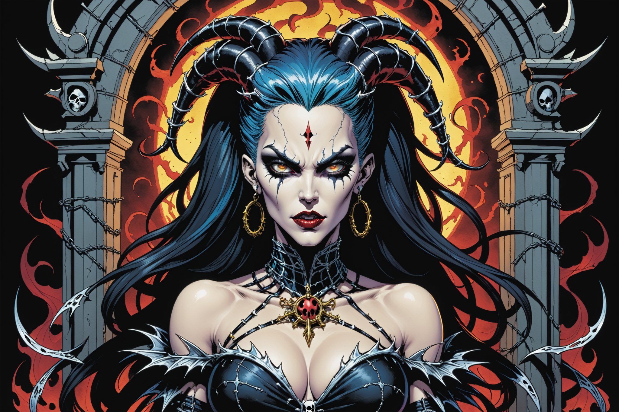 midshot, cel-shading style, centered image, ultra detailed illustration of the comic character ((female Spawn Queen of the Damned by Todd McFarlane)), posing, Black, dress with a skull emblem, ((half Body)), ((the gates of hell in the background)), (tetradic colors), inkpunk, ink lines, strong outlines, art by MSchiffer, bold traces, unframed, high contrast, cel-shaded, vector, 4k resolution, best quality, (chromatic aberration:1.8)