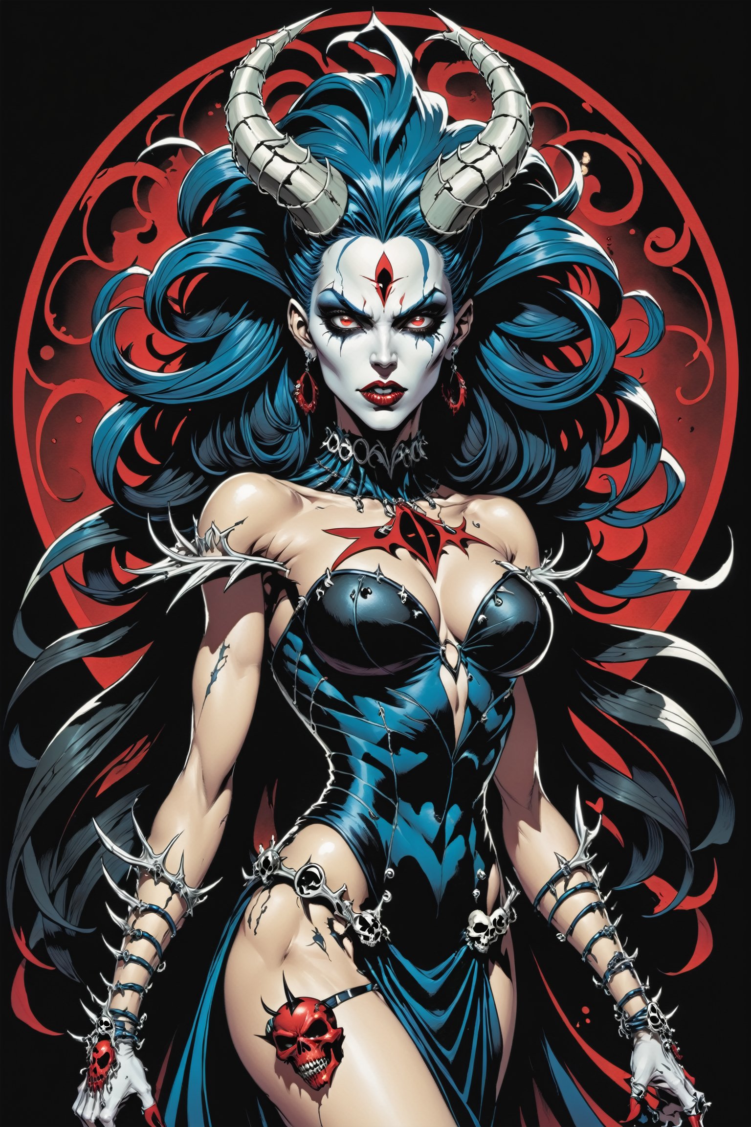 midshot, cel-shading style, centered image, ultra detailed illustration of the comic character ((female Spawn Queen of the Damned by Todd McFarlane)), posing, Black, dress with a skull emblem, ((Full Body)), (tetradic colors), inkpunk, ink lines, strong outlines, art by MSchiffer, bold traces, unframed, high contrast, cel-shaded, vector, 4k resolution, best quality, (chromatic aberration:1.8)