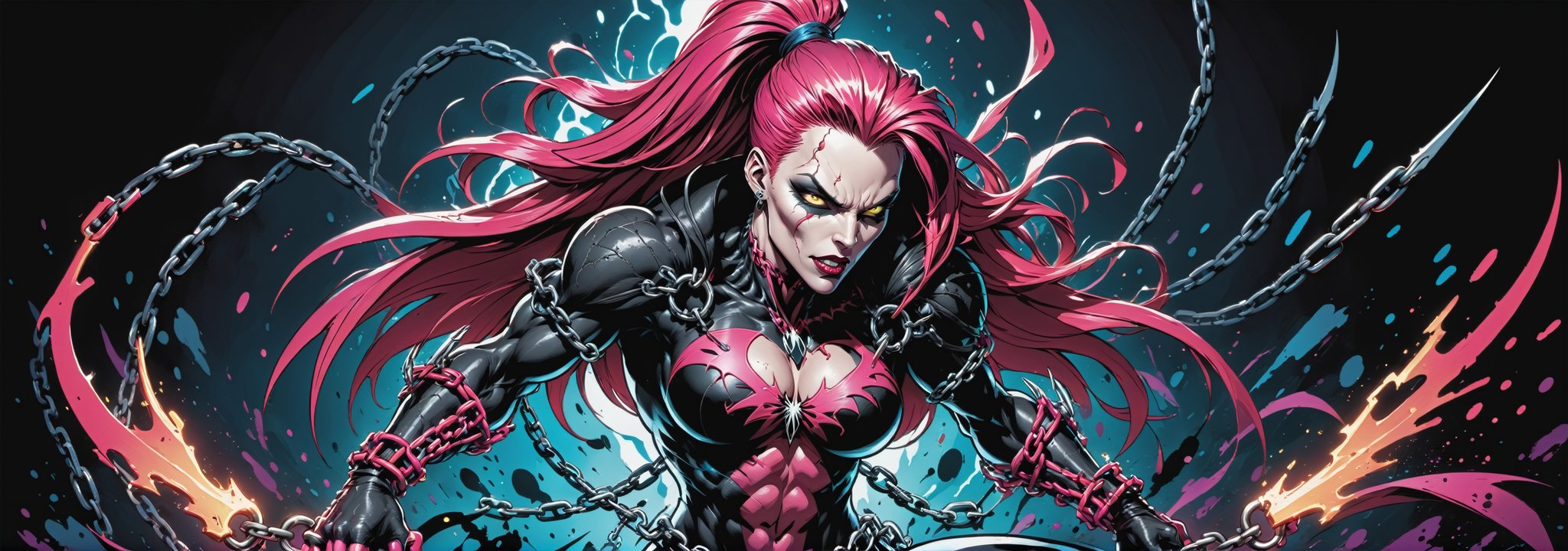 midshot, cel-shading style, centered image, ultra detailed illustration of the comic character ((female Spawn warrior woman, by Todd McFarlane)), posing, extremely muscular overly muscular large breast extremely extremely muscular, black, neon pink, suit with a belt with a skull on it, long pale pink hair in a tall, single ponytail, ((crouching down on the ground action pose)),  ((Full Body)),((holding chains in her hand)), splatters of paint in the background glowing neon, perfect hands, (tetradic colors), inkpunk, ink lines, strong outlines, art by MSchiffer, bold traces, unframed, high contrast, cel-shaded, vector, 4k resolution, best quality, (chromatic aberration:1.8)