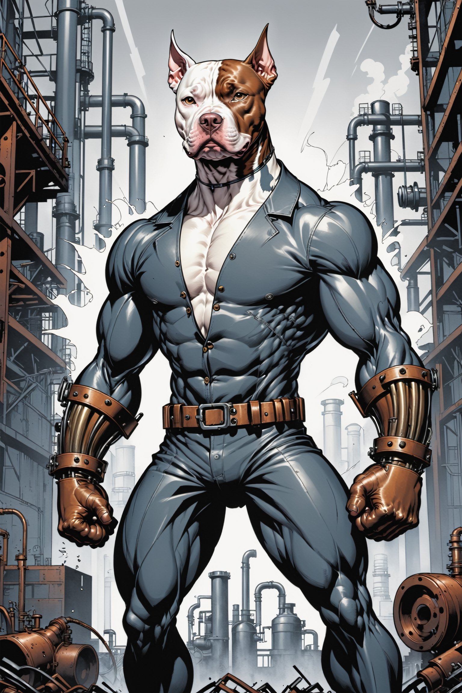 midshot, cel-shading style, centered image, ultra detailed illustration of the comic character ((The Pitbull , ((industrial background)), by Todd McFarlane)), posing, (((Full Body))),  (((it's coloring are White, brown and gray))), ((natural colors)), inkpunk, ink lines, strong outlines, art by MSchiffer, bold traces, unframed, high contrast, cel-shaded, vector, 4k resolution, best quality, (chromatic aberration:1.8