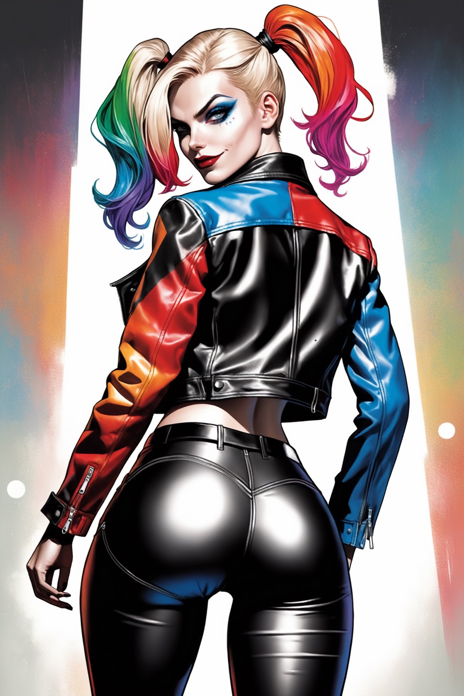 midshot, cel-shading style, centered image, ultra detailed illustration of Harley Quinn, posing, (((View  from Behind))), ((Full Body)), wearing leather pants, leather jacket, (tetradic colors), inkpunk, ink lines, strong outlines, art by MSchiffer, bold traces, unframed, high contrast, cel-shaded, vector, 4k resolution, best quality, (chromatic aberration:1.8)