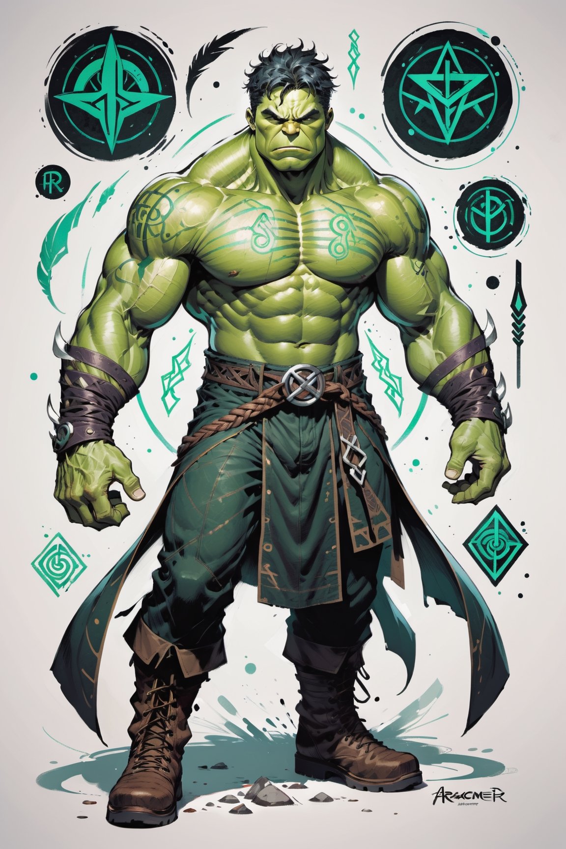 dark, gritty, realistic, mix of bold dark lines and loose lines, bold lines, on paper, turnaround character sheet, a stunningly beautiful (masterpiece, best quality:1.3), (2d:1.3), ink (medium), t-shirt design, White background, Full body, 2D illustration,  ((The Hulk)). bits of color, Sketch book, hand drawn, dark, gritty, realistic sketch, Rough sketch, mix of bold dark lines and loose lines, bold lines, on paper, turnaround character sheet. Full body, arcane symbols, runes, dark theme, flowing partially braided pale Green hair, handsome, padded leather clothing embroidered with runes, modest, leather rune embroidered boots, (sharp lines), lines of bold ink, strong outlines, bold strokes, high contrast, (professional vector), best quality, flat colors, flat lights, no shadows, low levels, ((geometric shapes)), paint splatters, arcane symbols, runes, dark theme, Perfect composition golden ratio, masterpiece, best quality, 4k, sharp focus. Better hand, perfect anatomy, ((safe for work))