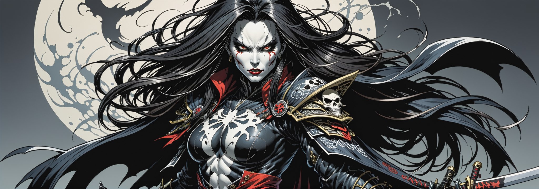 midshot, cel-shading style, centered image, ultra detailed illustration of the comic character ((female Spawn Samurai lady, by Todd McFarlane)), posing, long black long hair, silver and black suit with a skull emblem, long flowing cape,  holding samurai sword, ((Full Body)), (tetradic colors), inkpunk, ink lines, strong outlines, art by MSchiffer, bold traces, unframed, high contrast, cel-shaded, vector, 4k resolution, best quality, (chromatic aberration:1.8)