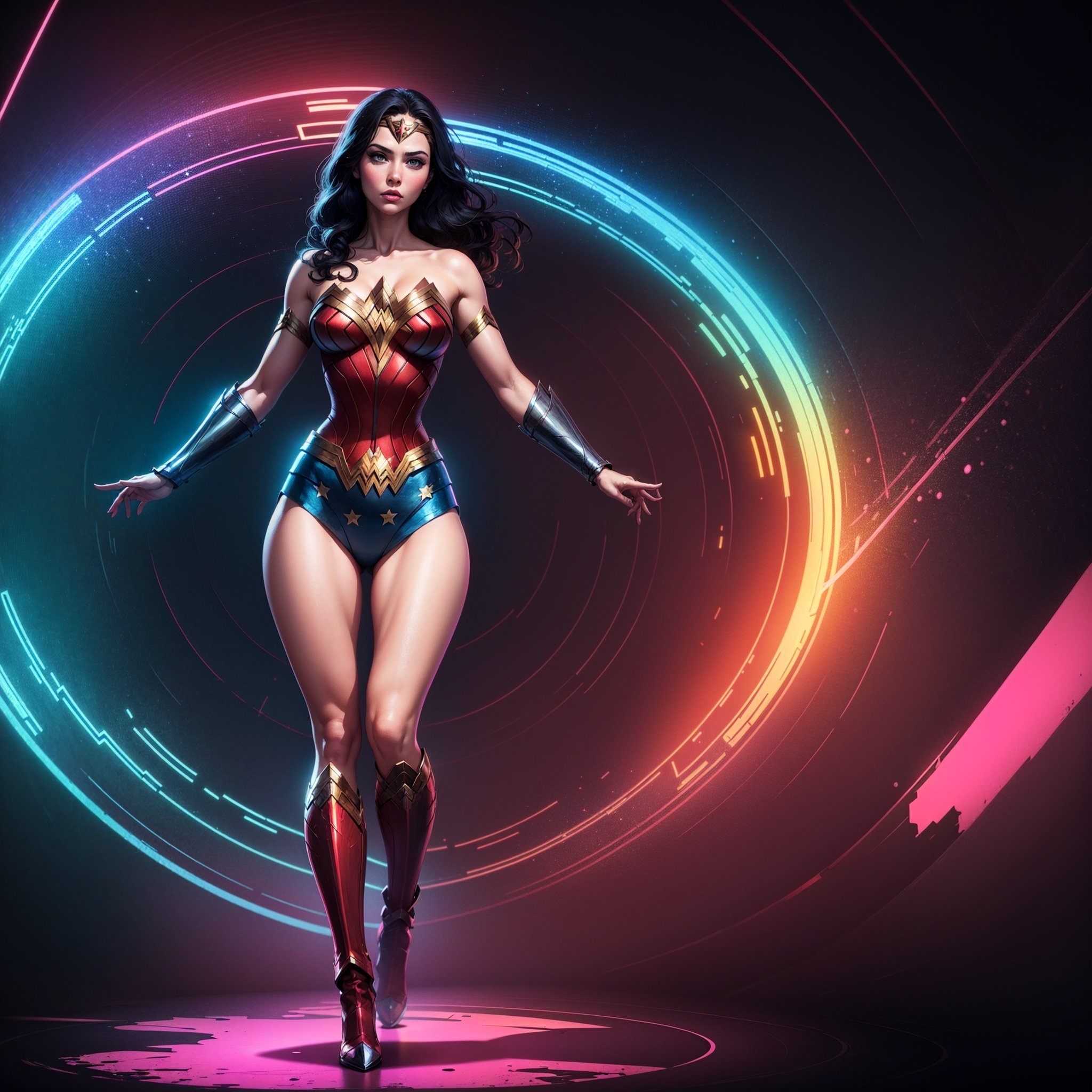 Wonder Woman ((full body)), (big tits) masterpiece, best quality, ((abstract, psychedelic, neon, background)),(creative:1.3), sy3, SMM, fantasy00d