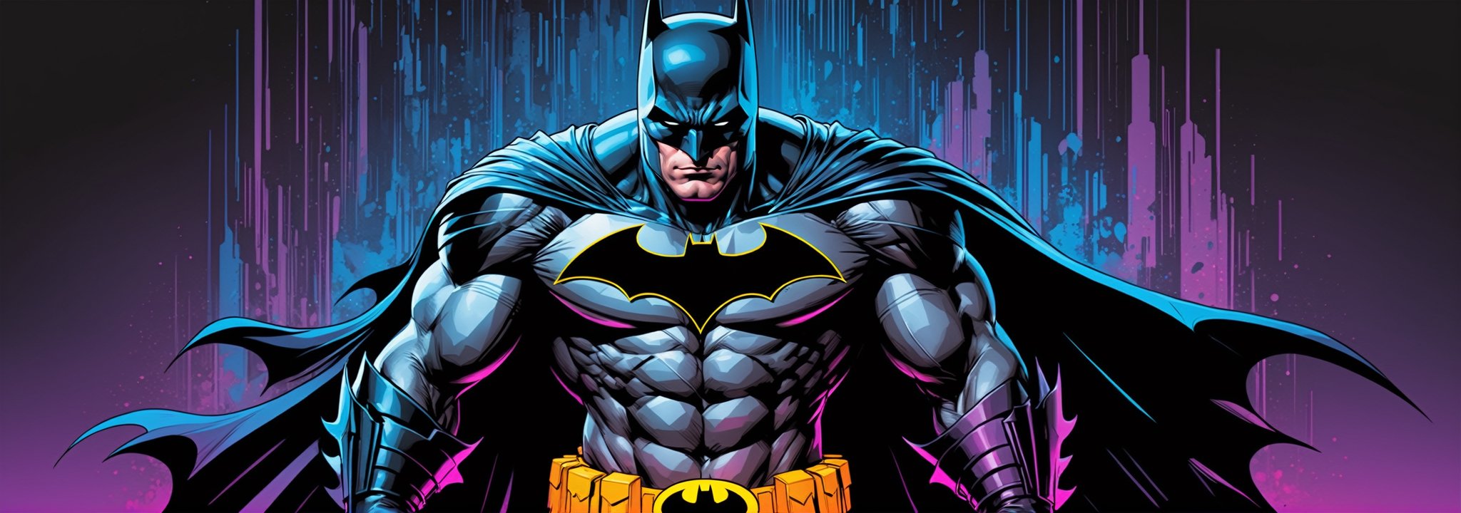 midshot, cel-shading style, centered image, ultra detailed illustration of Batman, posing, ((Full Body)), (tetradic colors), inkpunk, ink lines, strong outlines, art by MSchiffer, bold traces, unframed, high contrast, cel-shaded, vector, 4k resolution, best quality, (chromatic aberration:1.8)