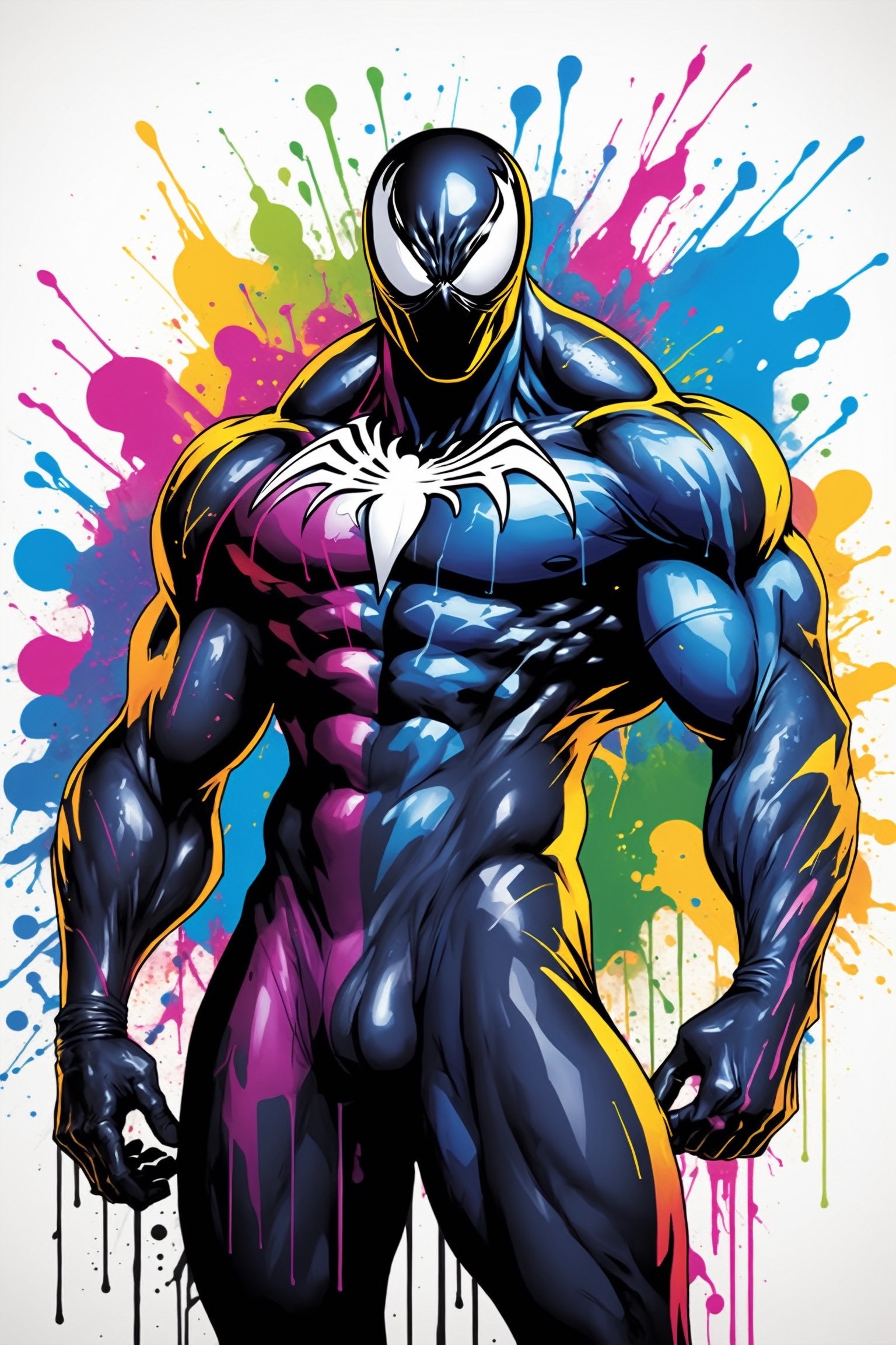 midshot, cel-shading style, centered image, ultra detailed illustration of Venom posing, ((Full Body)), (tetradic colors), ((inkpunk)), ((ink lines)), ink splatter, strong outlines, art by MSchiffer, bold traces, unframed, high contrast, cel-shaded, vector, 4k resolution, best quality, (chromatic aberration:1.8)