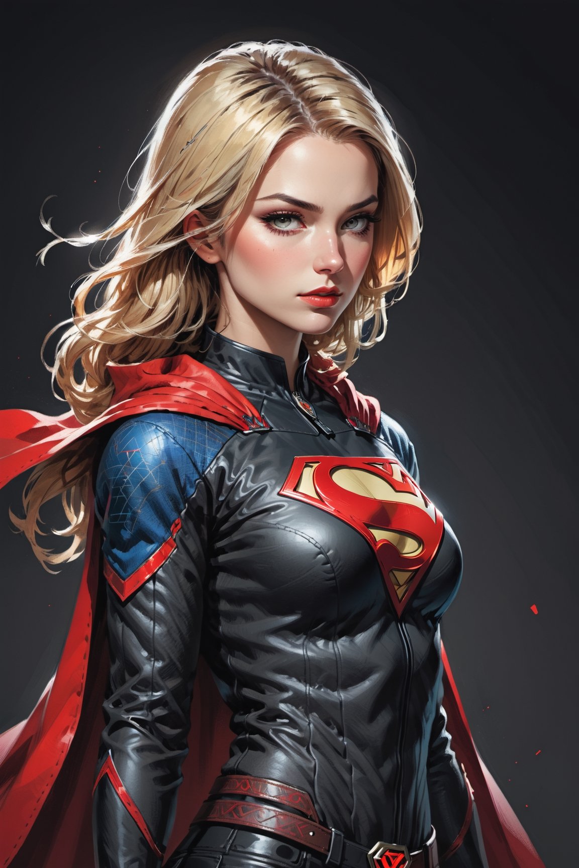 dark, gritty, realistic, mix of bold dark lines and loose lines, bold lines, on paper, turnaround character sheet, a stunningly beautiful (masterpiece, best quality:1.3), (2d:1.3), ink (medium), t-shirt design, White background, ((Half body)),portrait, supergirl, long red cape, outer_space, space hair, levitating, sky, zero gravity, above city, (((View from behind, she is looking over her shoulder))), depth_of_field bits of color, Sketch book, hand drawn, dark, gritty, realistic sketch, Rough sketch, mix of bold dark lines and loose lines, bold lines, Black paper, turnaround character sheet, arcane symbols, runes, dark theme, flowing partially blonde hair, handsome, ((all black padded leather clothing with red accents)), embroidered with runes, modest, black leather pants,  leather rune embroidered boots, (sharp lines), lines of bold ink, strong outlines, bold strokes, high contrast, (professional vector), best quality, flat colors, flat lights, no shadows, low levels, ((geometric shapes)), paint splatters, ((arcane symbols)), runes, dark theme, Perfect composition golden ratio, masterpiece, best quality, 4k, sharp focus. Better hand, perfect anatomy, ((safe for work))