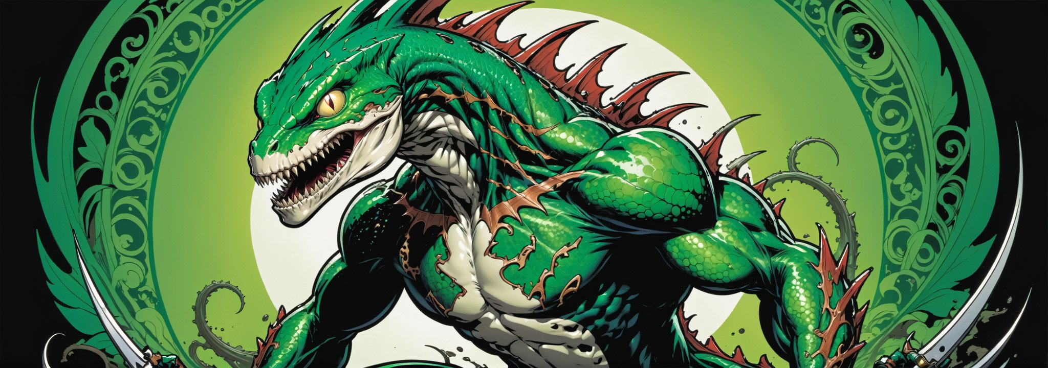 midshot, cel-shading style, centered image, ultra detailed illustration of the comic character ((lizard Spawn by Todd McFarlane)), posing, green, light green, brown, and black body suit with a skull emblem, ((Full Body)) ,ornate background, (tetradic colors), inkpunk, ink lines, strong outlines, art by MSchiffer, bold traces, unframed, high contrast, cel-shaded, vector, 4k resolution, best quality, (chromatic aberration:1.8)