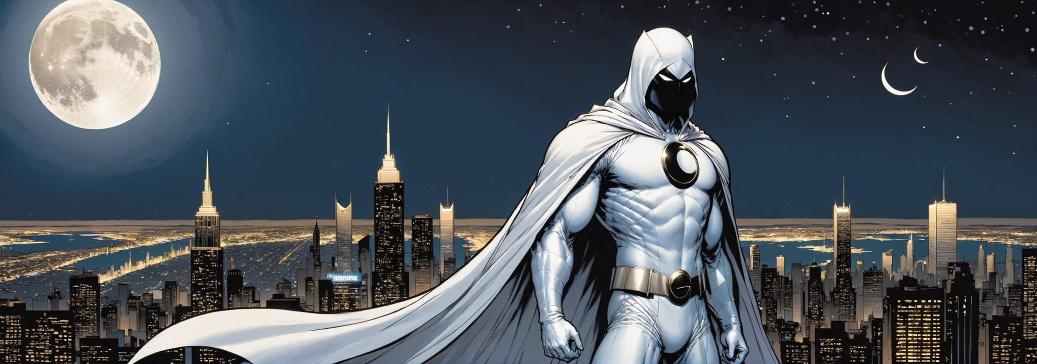 Standing atop a moonlit rooftop, the enigmatic figure known as Moon Knight cuts a striking silhouette against the city skyline. Clad in a suit of White leather, with a hooded cloak, ((adorned with intricate crescent moon motifs)), he exudes an aura of otherworldly power. His muscular physique is accentuated by the tight-fitting suit, which hugs his form like a second skin. A billowing White cape, flows behind him, adding to the air of mystique that surrounds him.

Atop his head rests a hooded cloak and cowl, concealing his features in shadow while his piercing white eyes gleam with an otherworldly intensity. In one hand, he grips a crescent-shaped staff, a versatile weapon capable of both striking down his foes and aiding in his acrobatic feats. On his utility belt, an array of gadgets and tools are holstered, ready to be deployed at a moment's notice.

With an air of silent determination, Moon Knight stands ready to mete out justice upon those who would dare to threaten the innocent, his presence a beacon of hope in the darkness of the night.