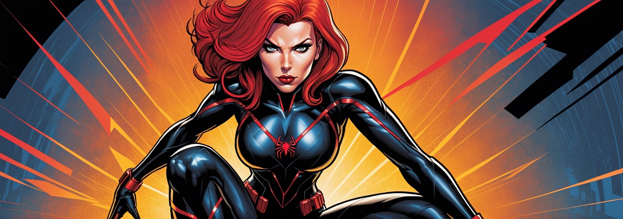 midshot, cel-shading style, centered image, ultra detailed illustration of Black widow, the comic character, posing, (tetradic colors), inkpunk, ink lines, strong outlines, art by MSchiffer, bold traces, unframed, high contrast, cel-shaded, vector, 4k resolution, best quality, (chromatic aberration:1.8)