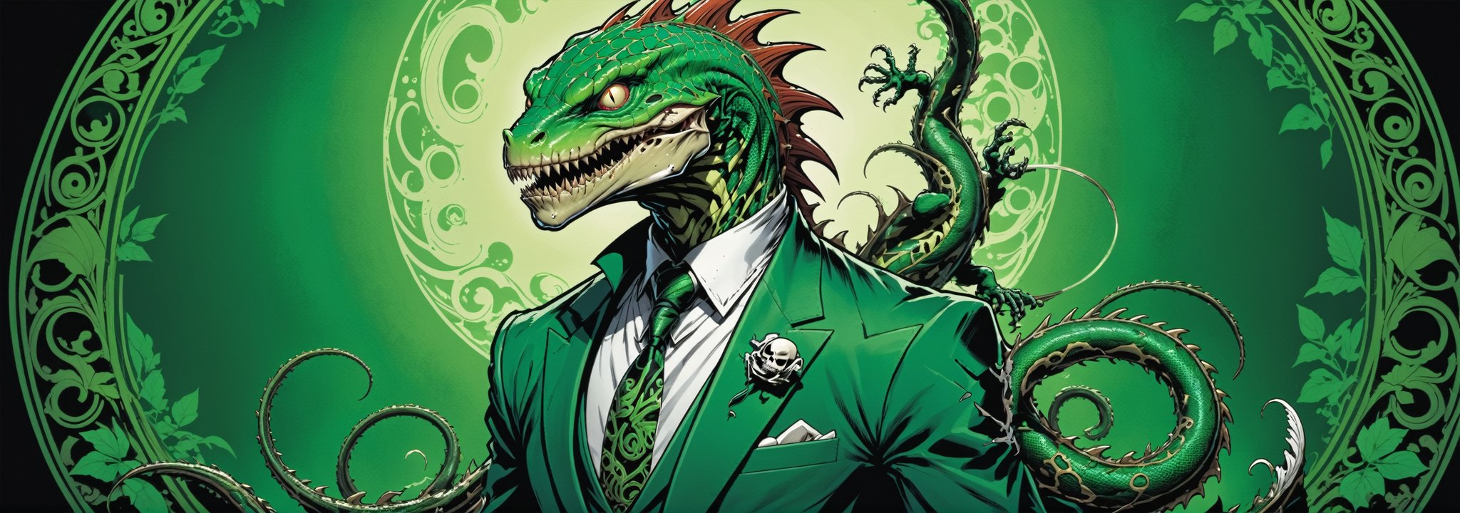 midshot, cel-shading style, centered image, ultra detailed illustration of the comic character ((lizard Spawn by Todd McFarlane)), posing, green, light green, brown, and black suit with a skull emblem, ((Full Body)) ,ornate background, (tetradic colors), inkpunk, ink lines, strong outlines, art by MSchiffer, bold traces, unframed, high contrast, cel-shaded, vector, 4k resolution, best quality, (chromatic aberration:1.8)