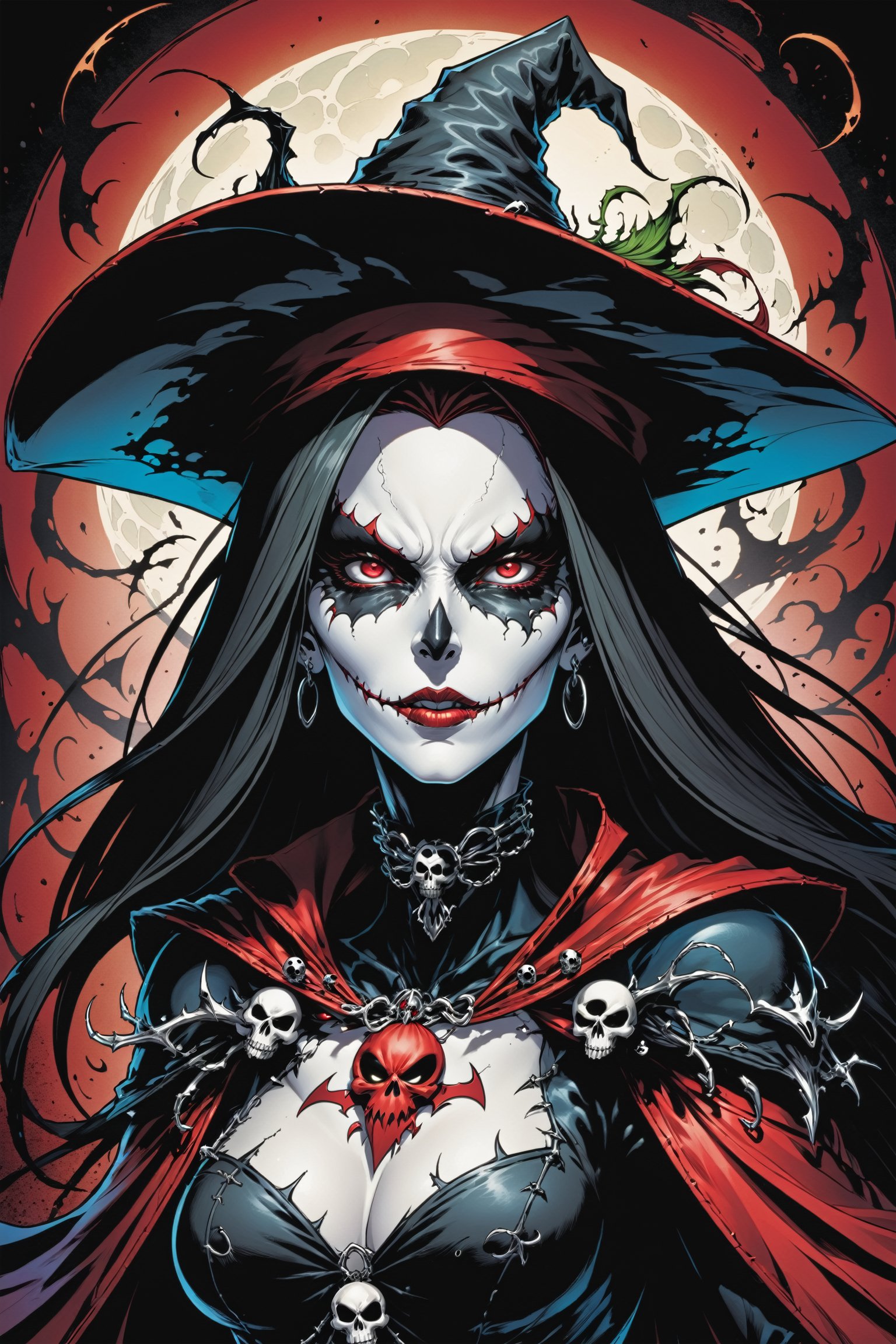 midshot, cel-shading style, centered image, ultra detailed illustration of the comic character ((female Spawn Which by Todd McFarlane)), posing, Black, dress with a skull emblem, ((wearing a large rimmed Single pointed hat)), ((View from Behind she's looking over her shoulder)), ((Full Body)), ((View from behind)), (tetradic colors), inkpunk, ink lines, strong outlines, art by MSchiffer, bold traces, unframed, high contrast, cel-shaded, vector, 4k resolution, best quality, (chromatic aberration:1.8)