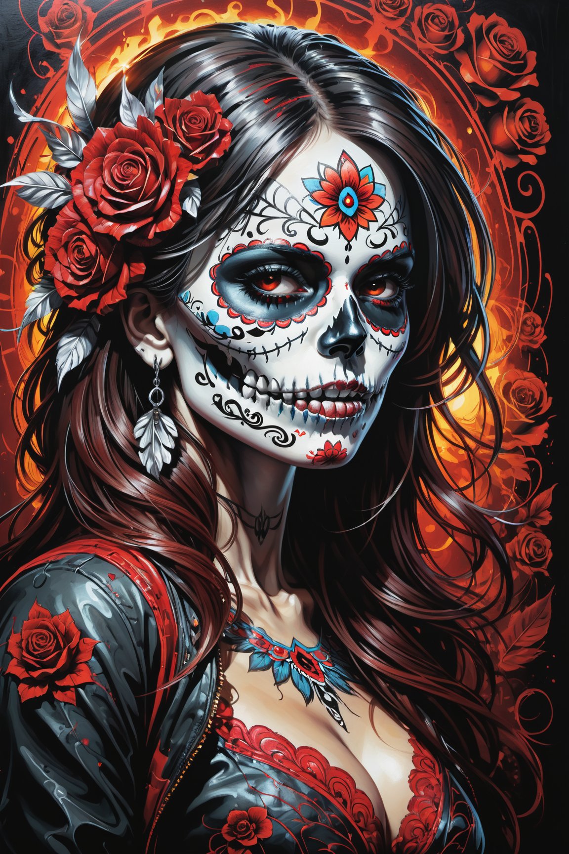 cel-shading style, centered image, ultra detailed illustration of the comic character (( a Very detailed illustration of a ((best quality)), ((masterpiece)), (detailed), mesmerizing, the skull, (((day of the dead art))) by linyu hong, in the style of dark white and red, (((graffiti art))), realistic hyper-detail, intricate composition, monumental murals, silver and red, contemporary chicano(masterpiece, best quality, ultra-detailed) , unsettling atmosphere, high key lighting , vector Black, red, , staGlenn Brown, Carne Griffiths, Alex Ross, artgerm and james jean bangs, by Todd McFarlane)),  (((perfect hands))), (((dark Moody candlelight in the background))), accent of rust, (tetradic colors), inkpunk, ink lines, strong outlines, art by MSchiffer, bold traces, unframed, high contrast, cel-shaded, vector, 4k resolution,