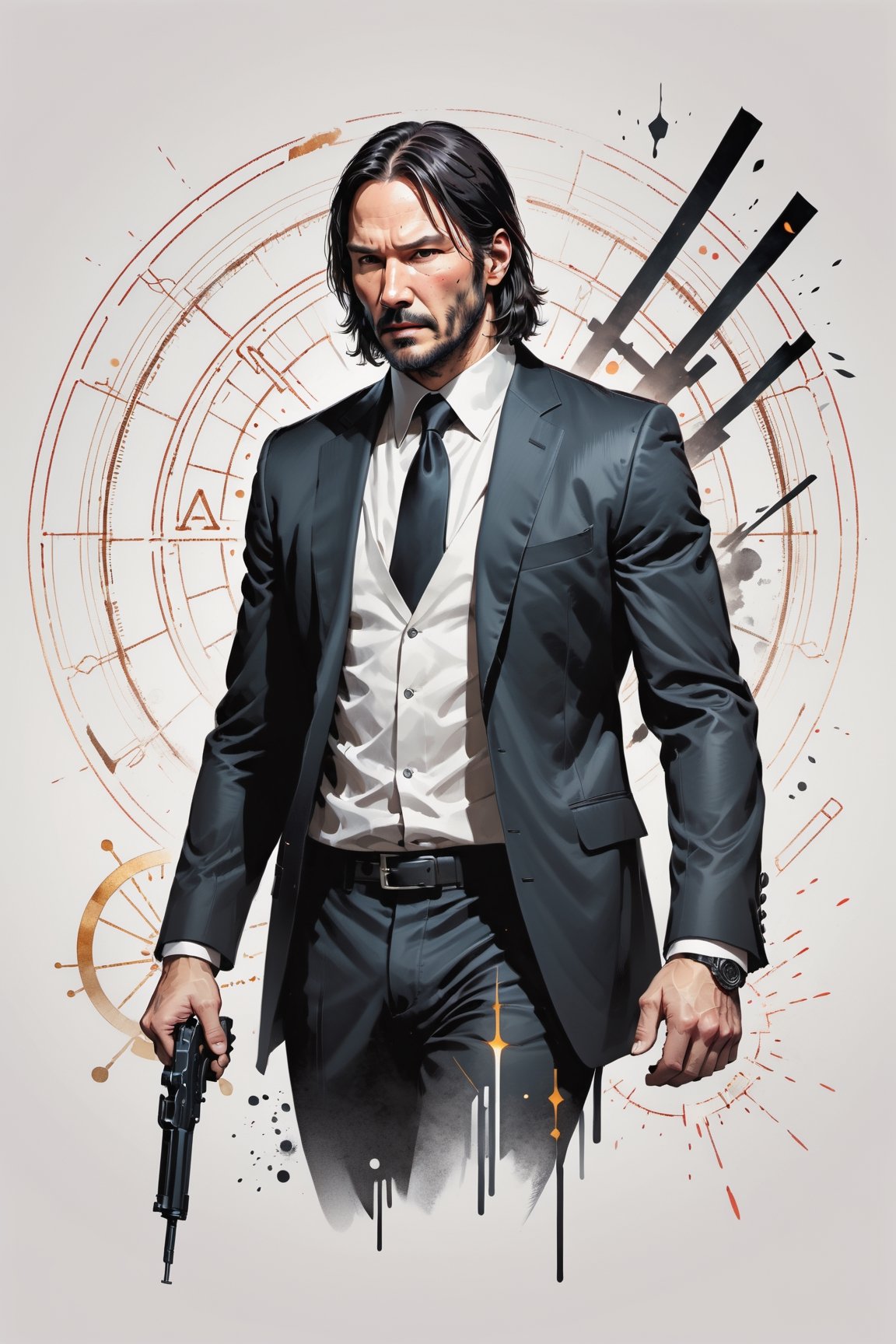 dark, gritty, realistic, mix of bold dark lines and loose lines, bold lines, on paper, turnaround character sheet, a stunningly beautiful (masterpiece, best quality:1.3), (2d:1.3), ink (medium), t-shirt design, White background, Full body, 2D illustration, John Wick, black color, (sharp lines), lines of bold ink, strong outlines, bold strokes, high contrast, (professional vector), best quality, flat colors, flat lights, no shadows, low levels, (gunpowder explosions), arcane symbols, runes, dark theme, Perfect composition golden ratio, masterpiece, best quality, 4k, sharp focus. Better hand, perfect anatomy, ((safe for work))