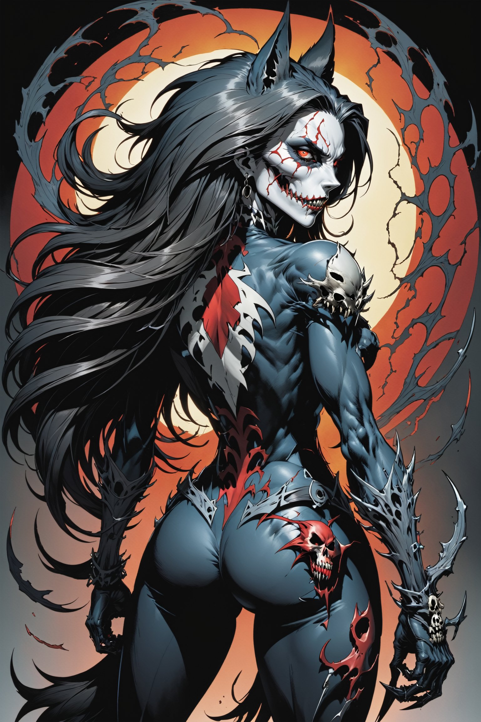 midshot, cel-shading style, centered image, ultra detailed illustration of the comic character ((female Spawn Wolf lady, by Todd McFarlane)), posing, long black long hair, Gray rust, and black suit with a skull emblem, ((view from Behind she’s looking over her shoulder)),  ((she has a wolf snout)), ((Full Body)), ((view from behind)), ((perfect hands)), (tetradic colors), inkpunk, ink lines, strong outlines, art by MSchiffer, bold traces, unframed, high contrast, cel-shaded, vector, 4k resolution, best quality, (chromatic aberration:1.8)