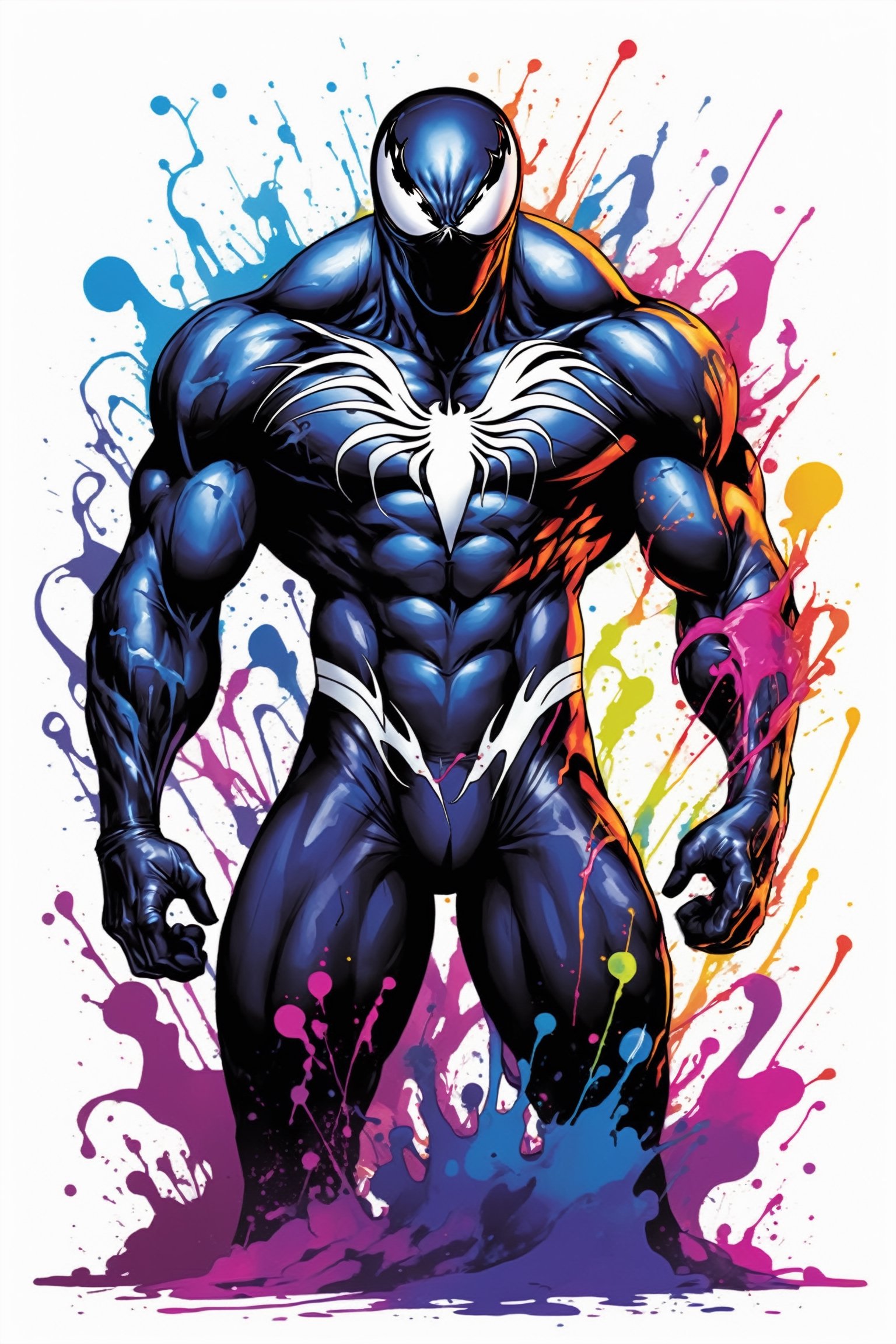 midshot, cel-shading style, centered image, ultra detailed illustration of Venom posing, ((Full Body)), (tetradic colors), ((inkpunk)), ((ink lines)), ink splatter, strong outlines, art by MSchiffer, bold traces, unframed, high contrast, cel-shaded, vector, 4k resolution, best quality, (chromatic aberration:1.8)