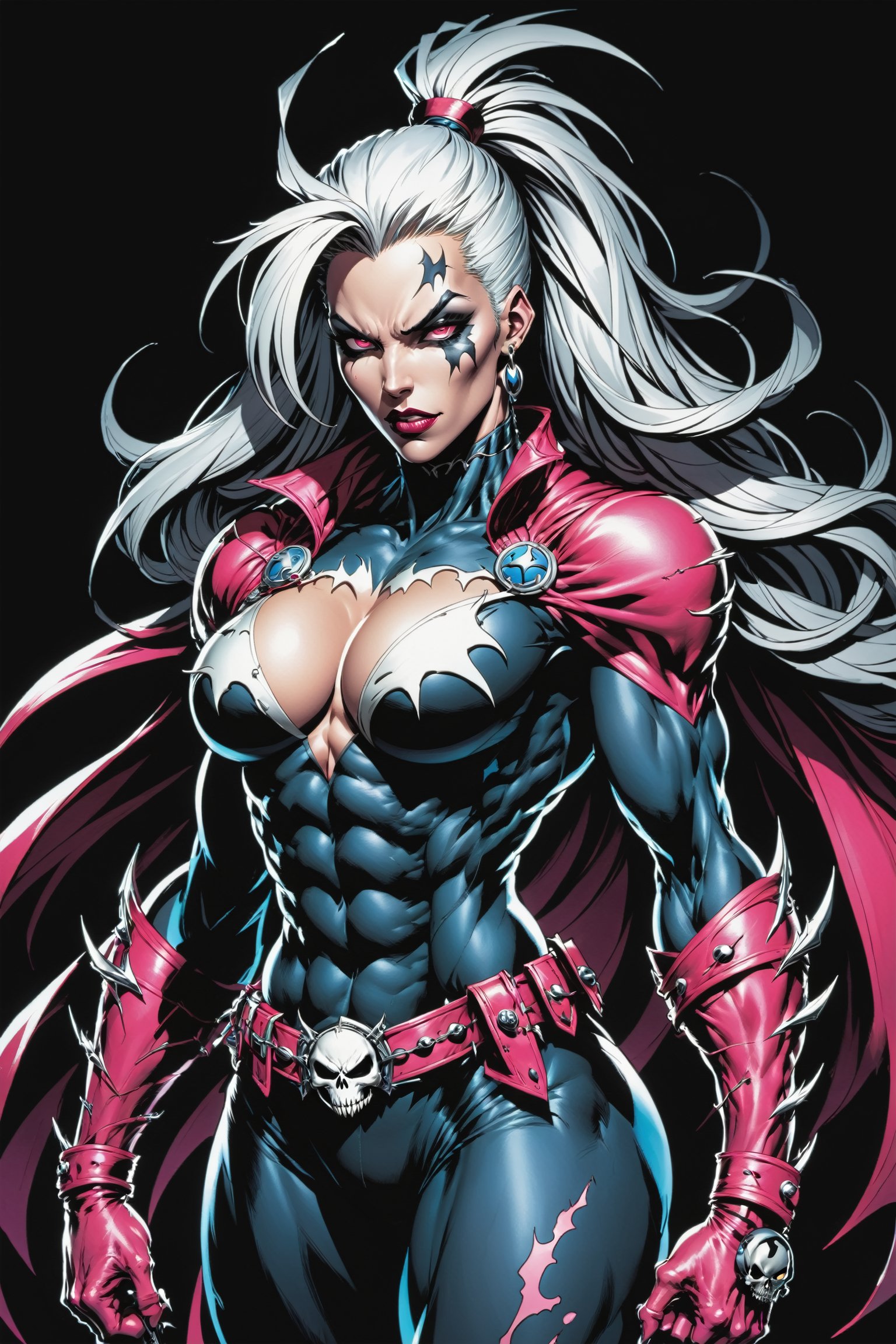 midshot, cel-shading style, centered image, ultra detailed illustration of the comic character ((female Spawn warrior woman, by Todd McFarlane)), posing, extremely muscular overly muscular large breast extremely extremely muscular, black, neon pink, suit with a belt with a skull on it, long white hair in a tall, single ponytail, ((Full Body)), perfect hands, (tetradic colors), inkpunk, ink lines, strong outlines, art by MSchiffer, bold traces, unframed, high contrast, cel-shaded, vector, 4k resolution, best quality, (chromatic aberration:1.8)