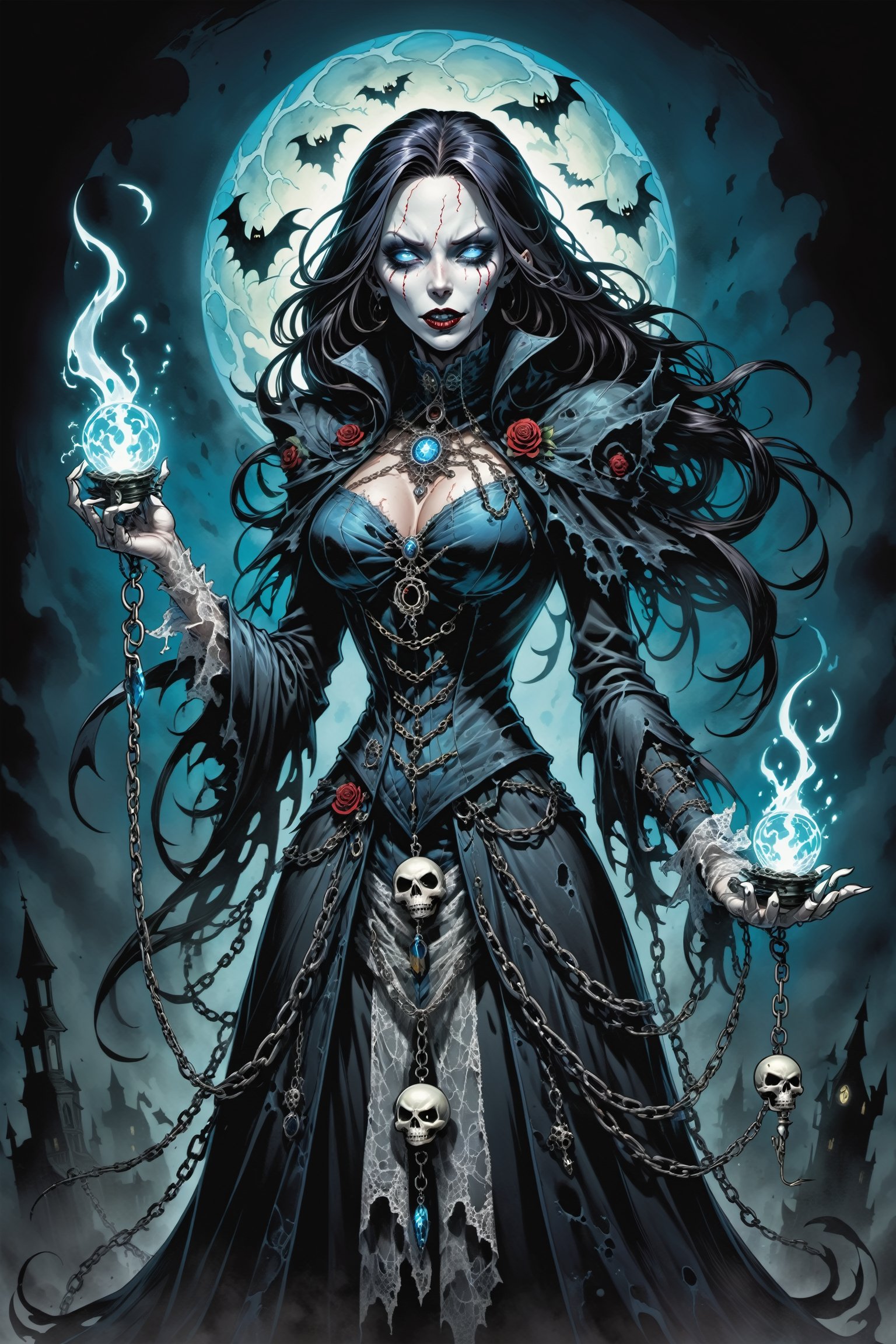 midshot, cel-shading style, centered image, ultra detailed illustration of the comic character ((female Spawn Victorian horror theme, a character of a spectral figure known as the "Haunted Harbinger", a ghostly apparition of a long-dead aristocrat, wears a tattered once-opulent suit adorned with decayed medals and frayed lace, translucent skin glows with an ethereal blue light,  eyes are empty sockets that emit a ghostly mist, chains hang from its wrists and ankles dragging along the ground with a haunting clatter, twisted face in eternal agony, carries a spectral lantern that casts an eerie flickering light by, Todd McFarlane)), posing,  with a skull emblem, ((holding a spear)), (((Full Body))),(((perfect hands))), (((accurate hands))), (((realistic hands))), (tetradic colors), inkpunk, ink lines, strong outlines, art by MSchiffer, bold traces, unframed, high contrast, cel-shaded, vector, 4k resolution, best quality, (chromatic aberration:1.8)