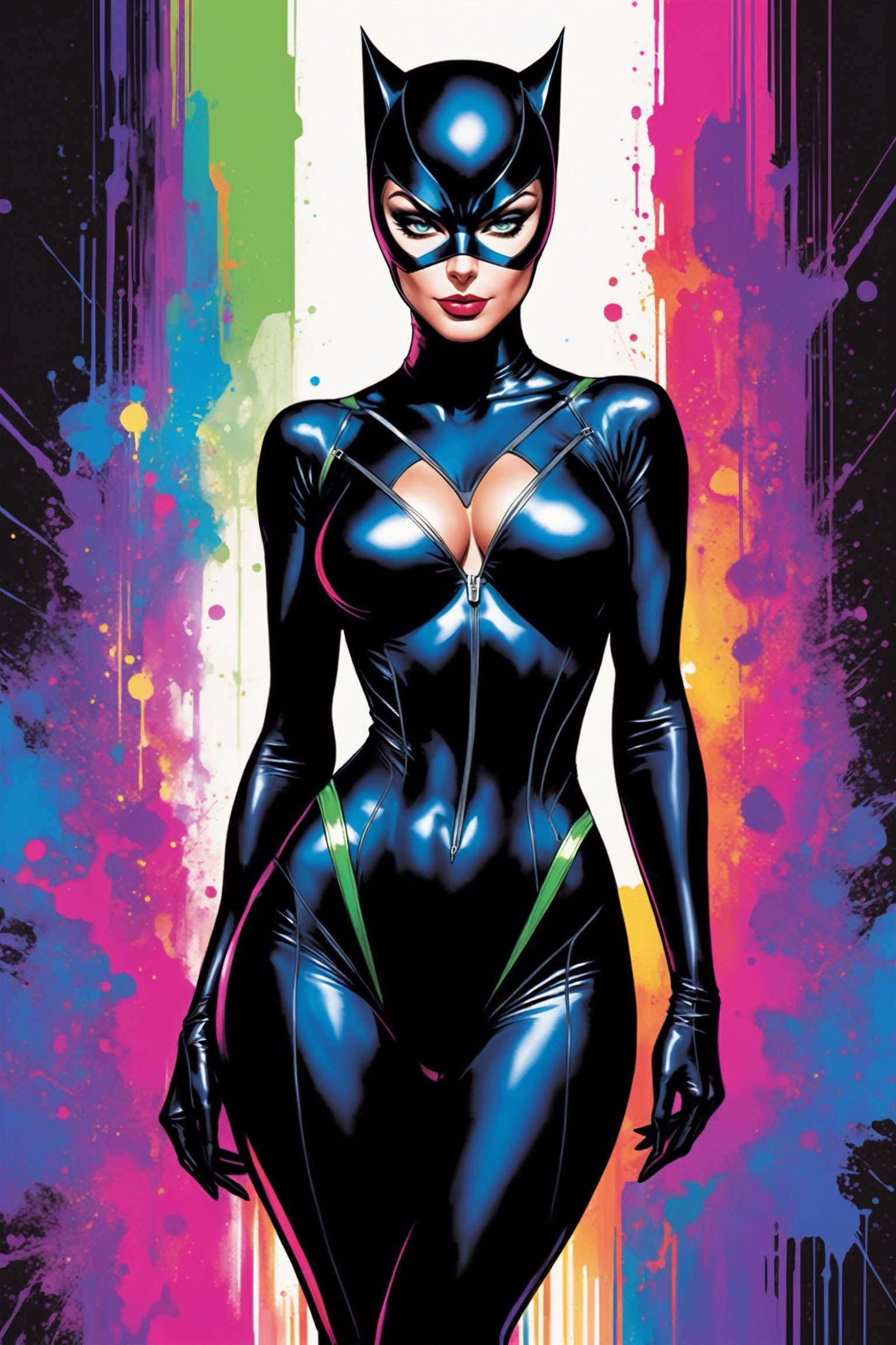 midshot, cel-shading style, centered image, ultra detailed illustration of Catwoman, posing, ((Full Body)), wearing one piece, black bodysuit, (tetradic colors), inkpunk, ink lines, strong outlines, art by MSchiffer, bold traces, unframed, high contrast, cel-shaded, vector, 4k resolution, best quality, (chromatic aberration:1.8)