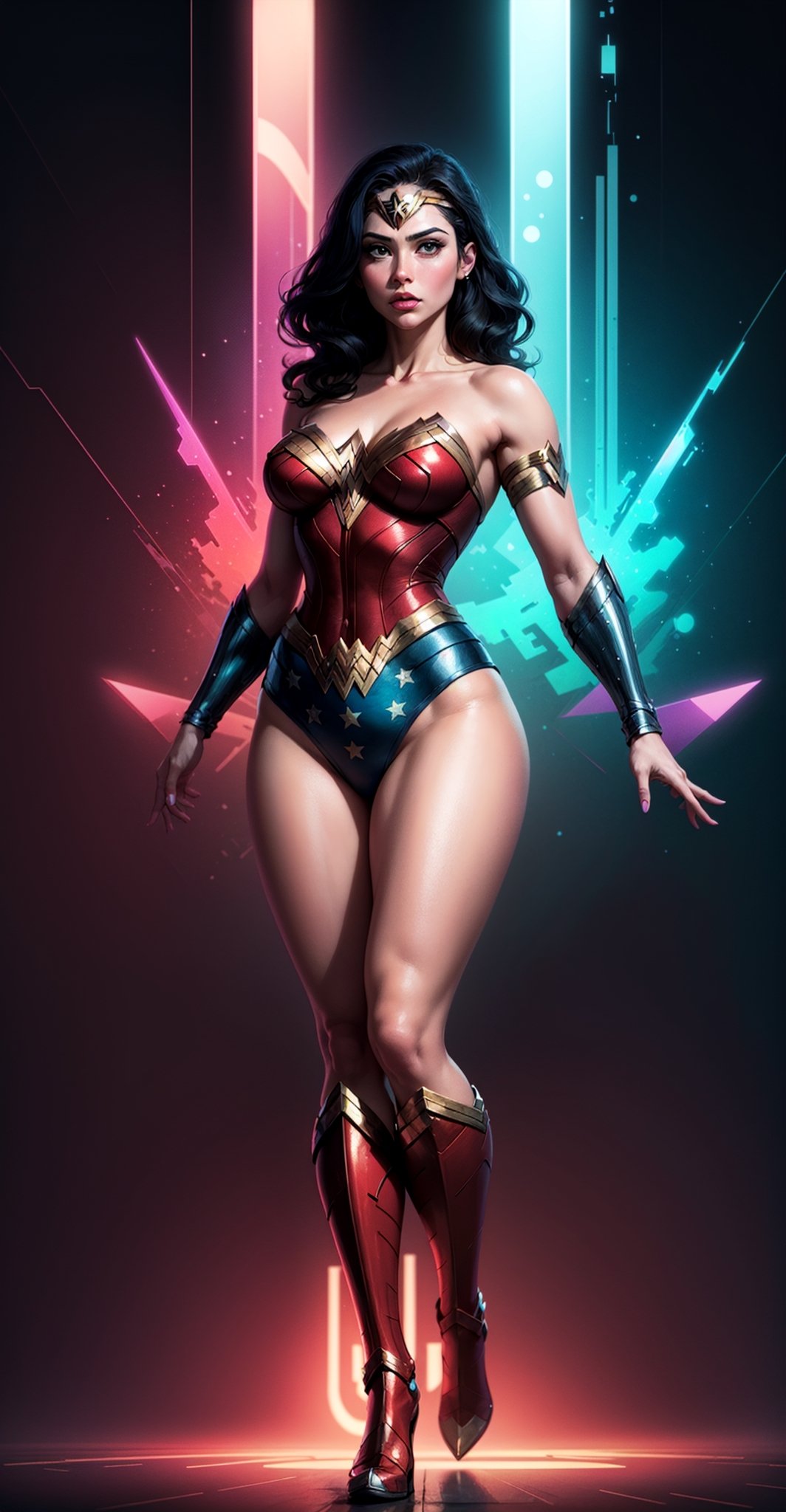 Wonder Woman ((full body)), (big tits) masterpiece, best quality, ((abstract, psychedelic, neon, background)),(creative:1.3), sy3, SMM, fantasy00d