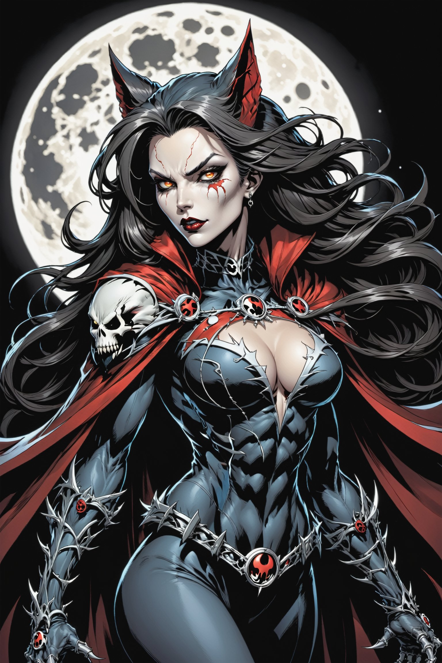 midshot, cel-shading style, centered image, ultra detailed illustration of the comic character ((female Spawn Wolf lady, by Todd McFarlane)), posing, long black long hair, Gray brown, and black suit with a skull emblem, brown, flowing cape, ((Half Body)), ((perfect hands)), the moon in the background, (tetradic colors), inkpunk, ink lines, strong outlines, art by MSchiffer, bold traces, unframed, high contrast, cel-shaded, vector, 4k resolution, best quality, (chromatic aberration:1.8)