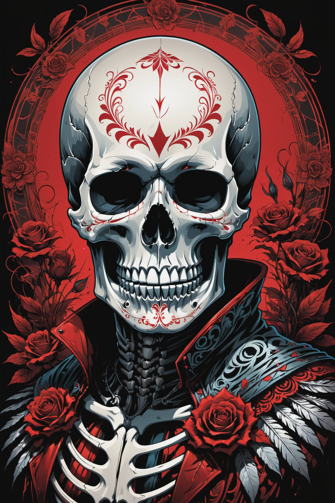 cel-shading style, centered image, ultra detailed illustration of the comic character (( a Very detailed illustration of a ((best quality)), ((masterpiece)), (detailed), mesmerizing, the skull, day of the dead art by linyu hong, in the style of dark white and red, graffiti art, realistic hyper-detail, intricate composition, monumental murals, silver and red, contemporary chicano(masterpiece, best quality, ultra-detailed), (perfect hands, perfect anatomy) , unsettling atmosphere, high key lighting , vector Black, red, , staGlenn Brown, Carne Griffiths, Alex Ross, artgerm and james jean bangs, by Todd McFarlane)),  (((perfect hands))), (((dark Moody candlelight in the background))), accent of rust, (tetradic colors), inkpunk, ink lines, strong outlines, art by MSchiffer, bold traces, unframed, high contrast, cel-shaded, vector, 4k resolution,